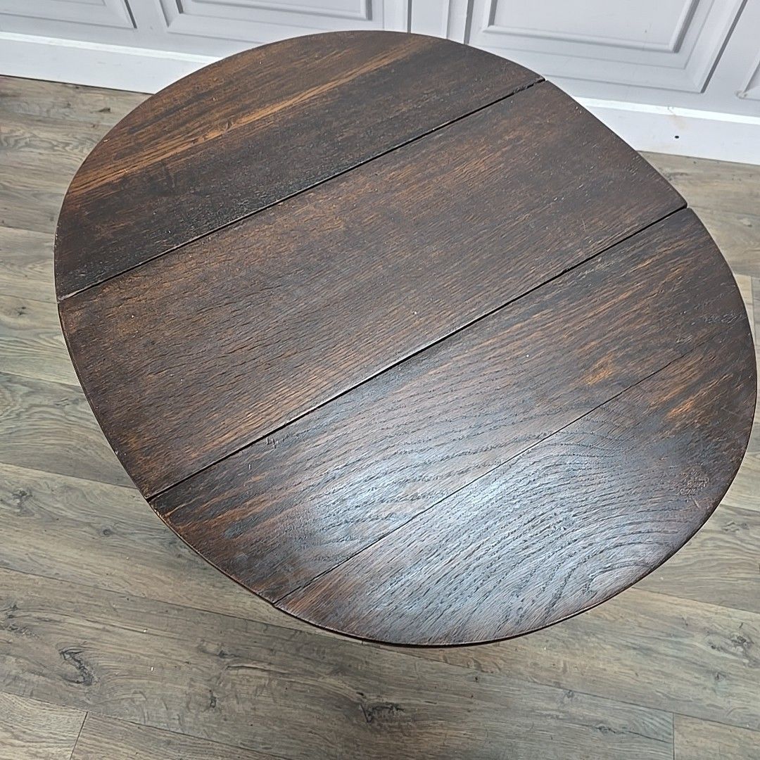 Furniture Antique Drop Leaf Table Wooden Sofa Coffee Oval Top Carved Trestle Base Oak photo