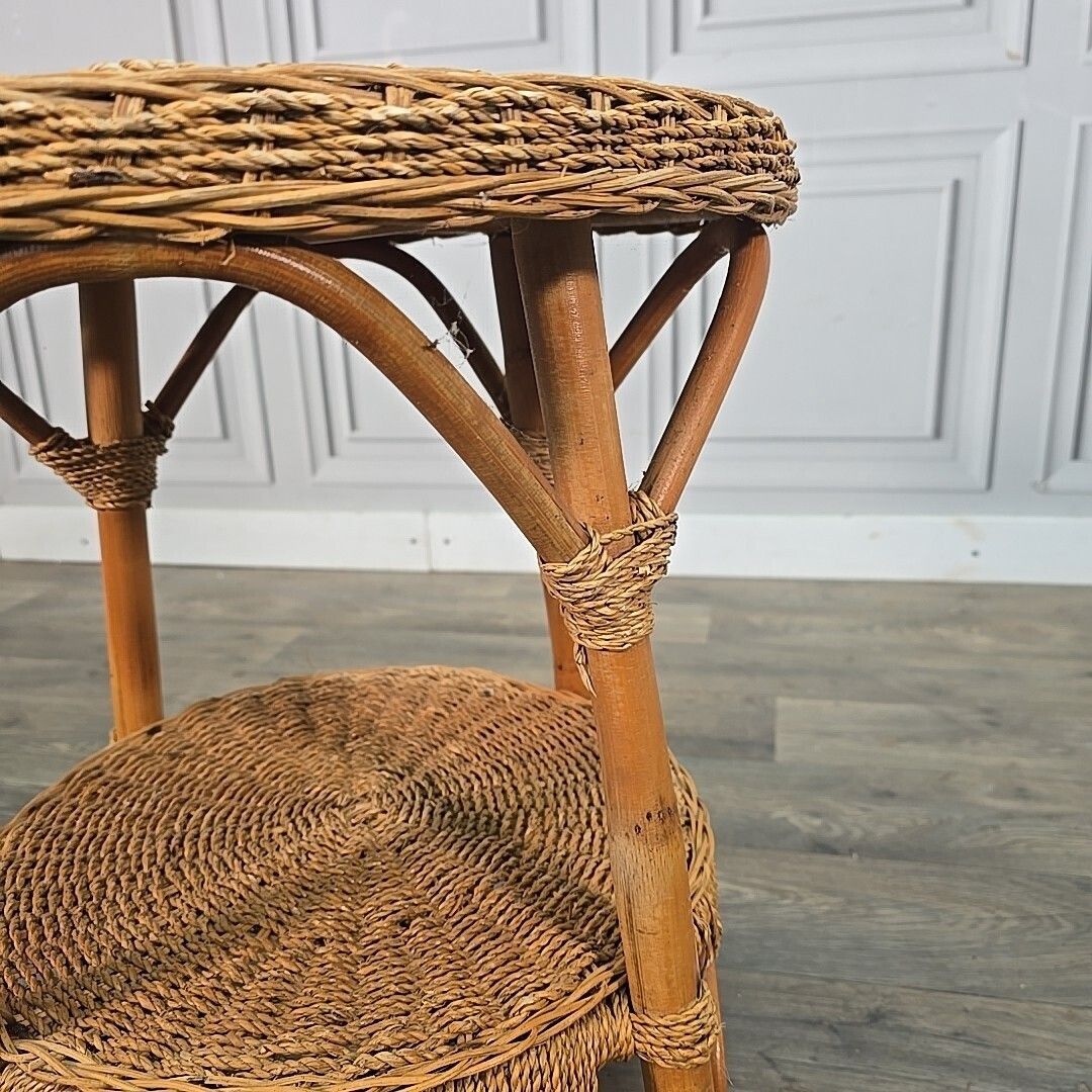 photo furniture Vintage Rattan Side Table Round Two Tier Wicker Boho Lamp Plant Stand Retro