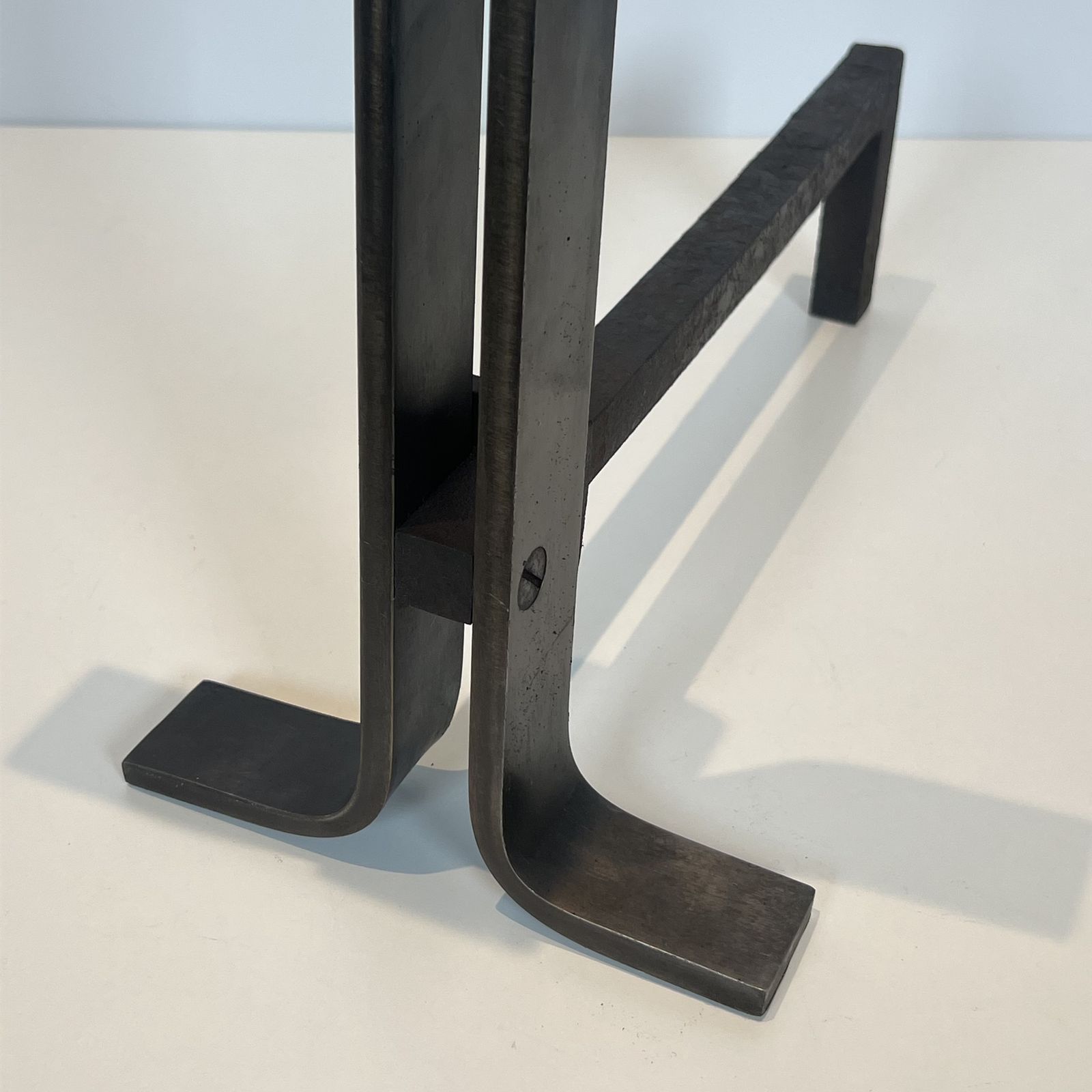 photo for sale Pair Of Modernist Steel And Wrought Iron Andirons