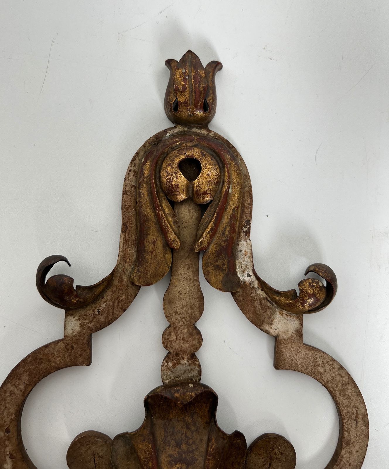 Pair Of Patinated Wrought Iron Wall Sconces With Gilded Acanthus Leaves And Crystals photo vinterior