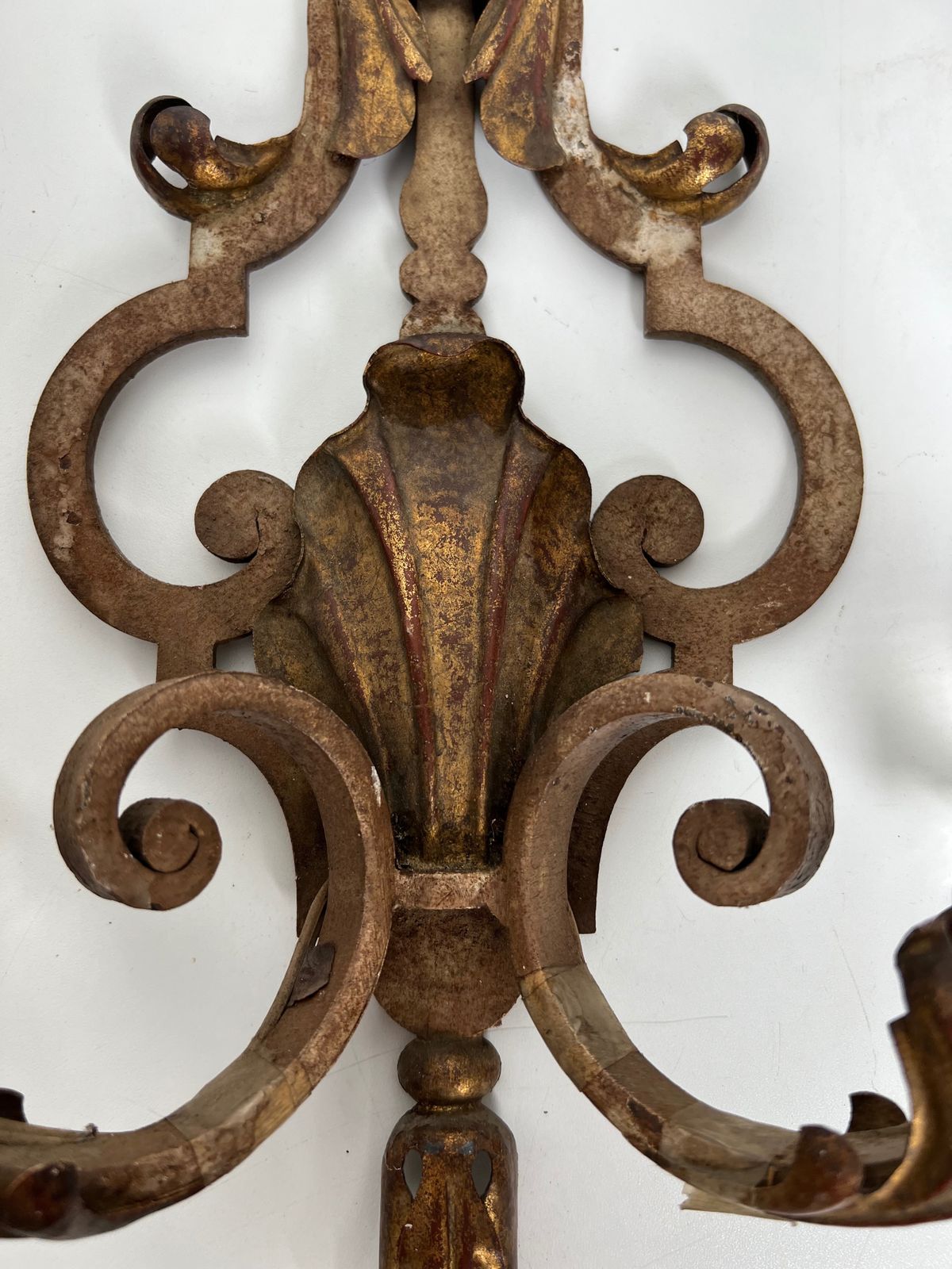 Pair Of Patinated Wrought Iron Wall Sconces With Gilded Acanthus Leaves And Crystals photo vintage