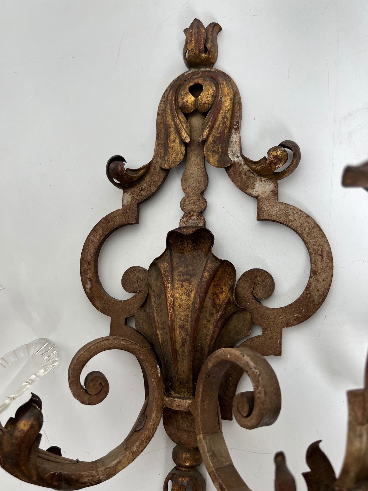 photo buy Pair Of Patinated Wrought Iron Wall Sconces With Gilded Acanthus Leaves And Crystals