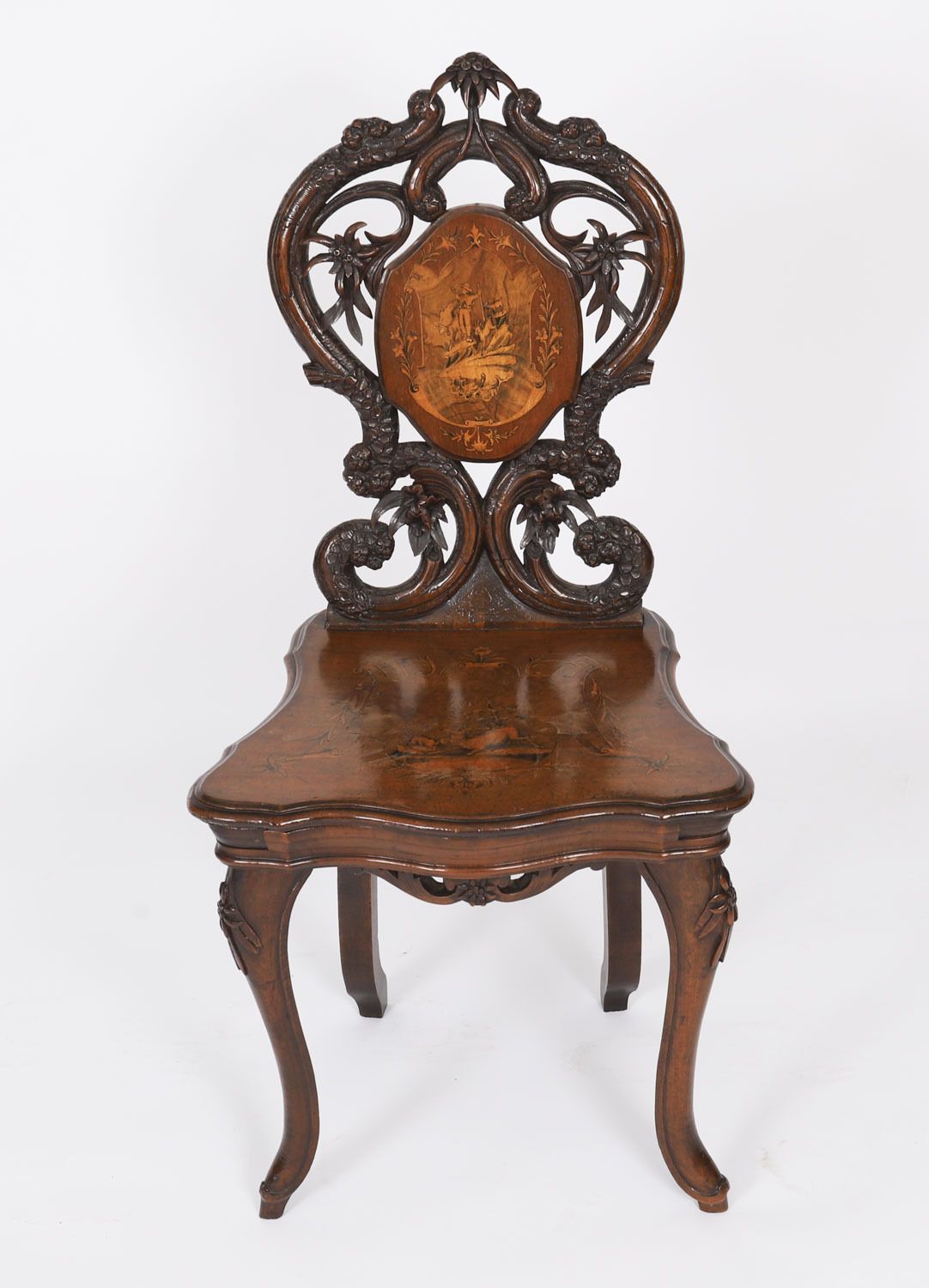 Antique Swiss Walnut Marquetry Inlaid Musical Chair 19th C photo furniture