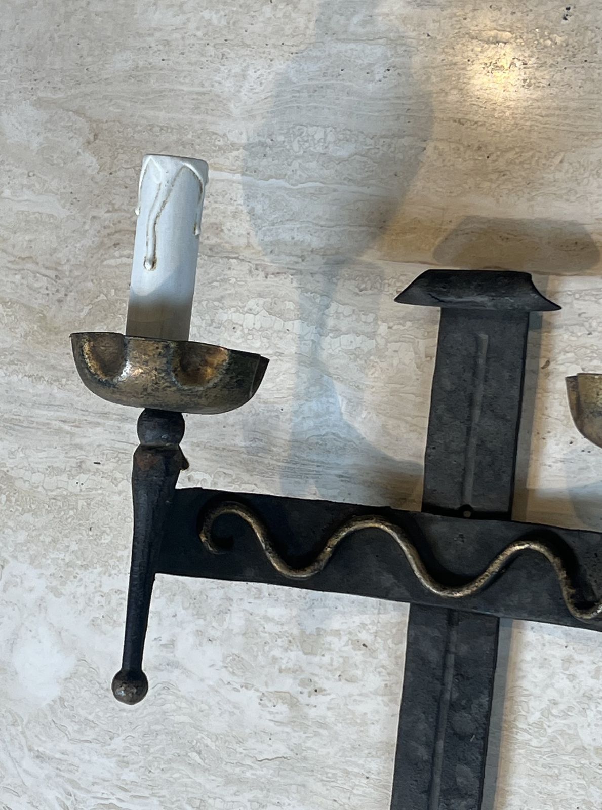 Pair Of Wrought Iron Wall Sconces With Coat Of Arms And Two Light Arms photo vinterior