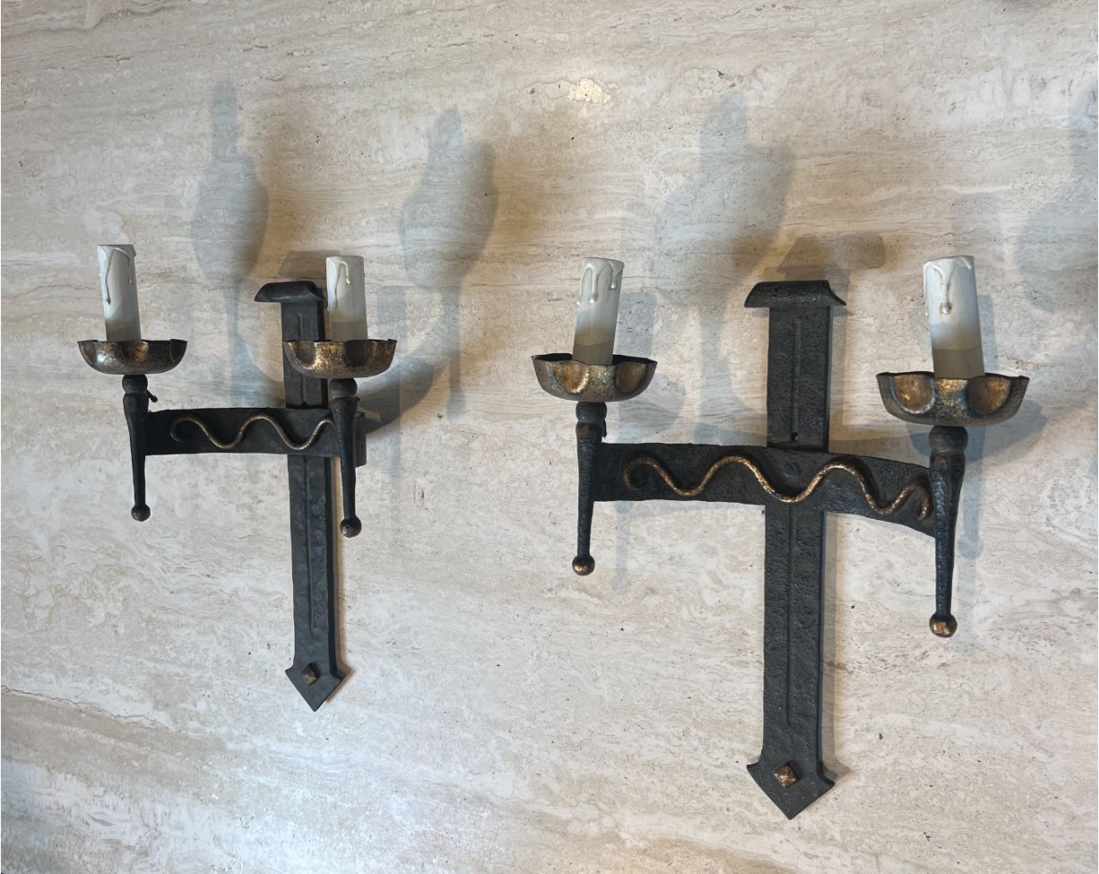 850.0 Pair Of Wrought Iron Wall Sconces With Coat Of Arms And Two Light Arms photo
