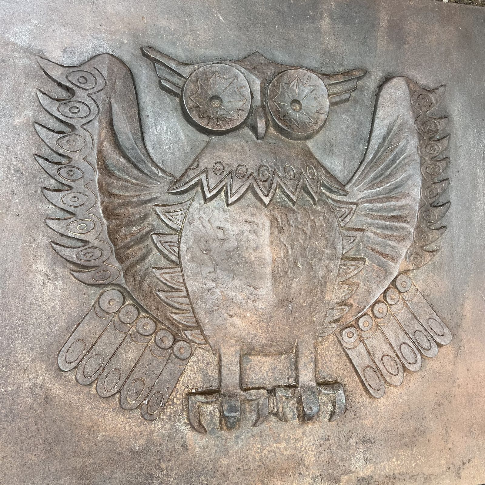 Important Modernist Cast Iron Fireback, Owl Model, Signed Lucas By The Stern Foundry photo furniture