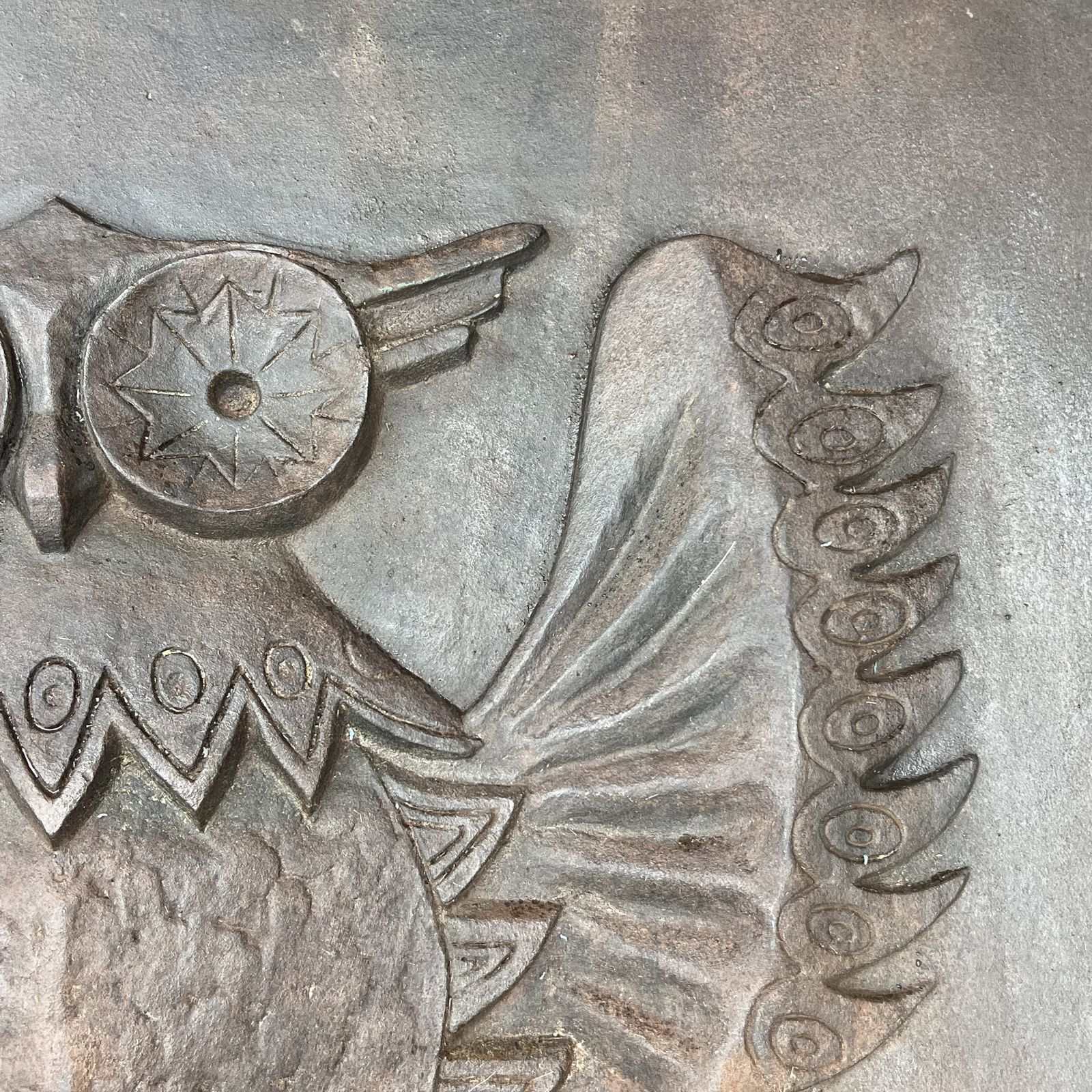 Important Modernist Cast Iron Fireback, Owl Model, Signed Lucas By The Stern Foundry photo buy