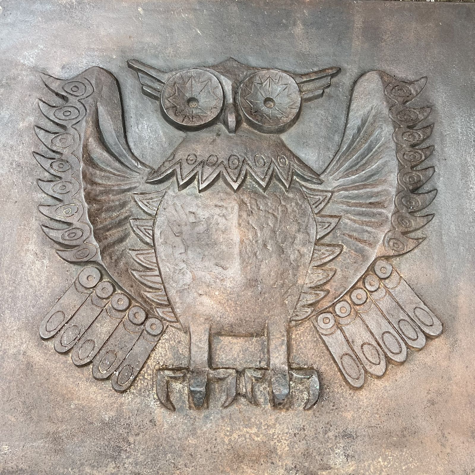 photo for sale Important Modernist Cast Iron Fireback, Owl Model, Signed Lucas By The Stern Foundry