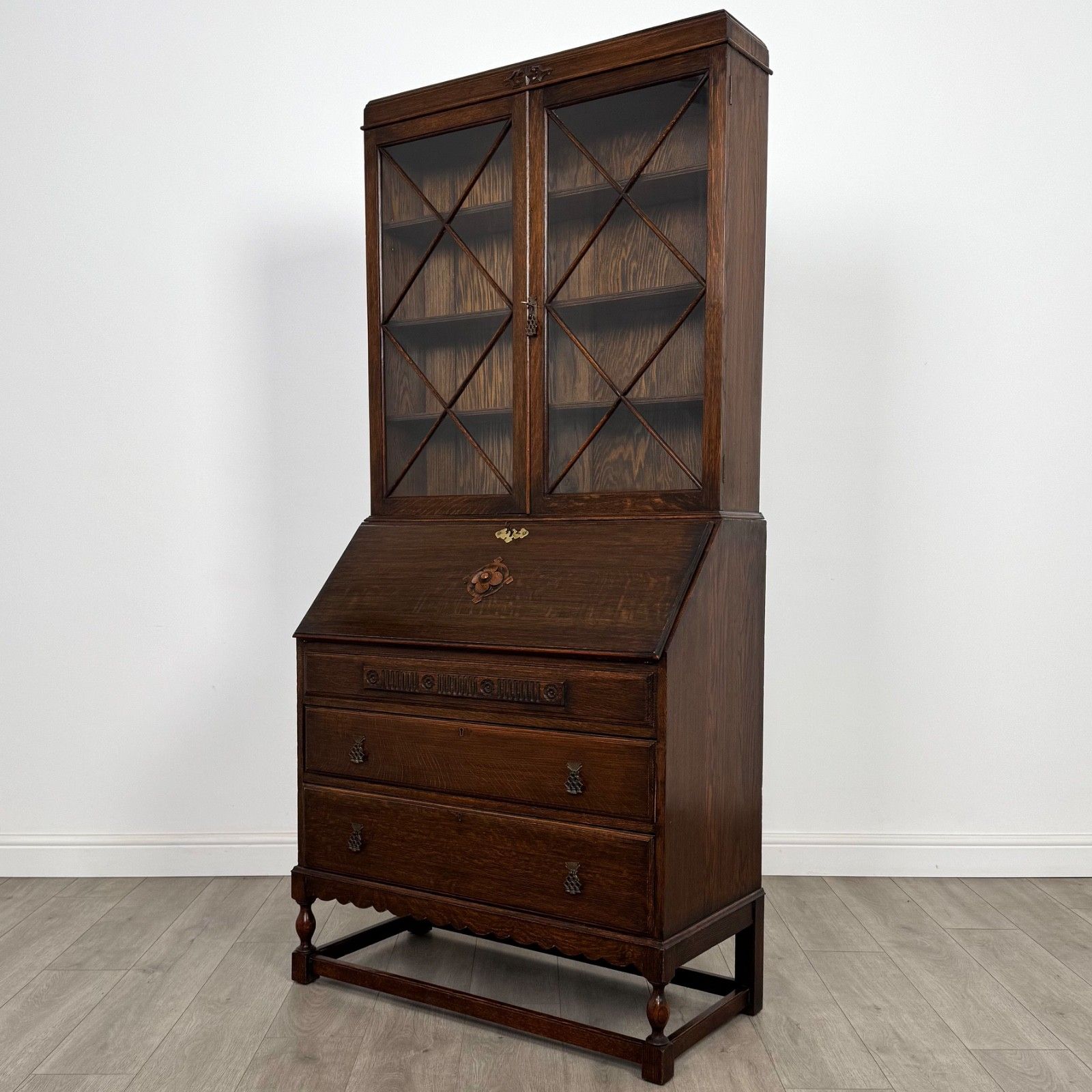Antique 20th Century Good Quality Bureau Bookcase In Oak photo Furniture