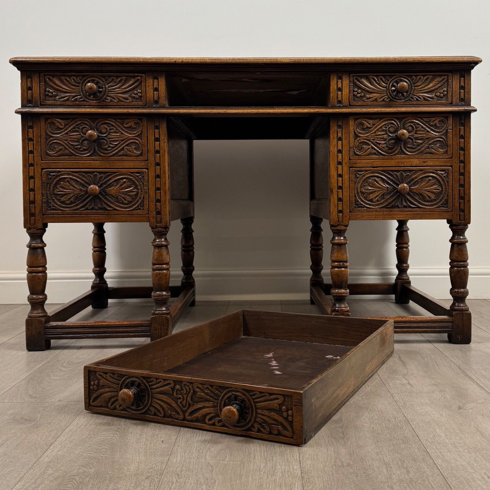 photo for sale Antique 20th Century Fine Quality Jacobean Revival Desk In Oak