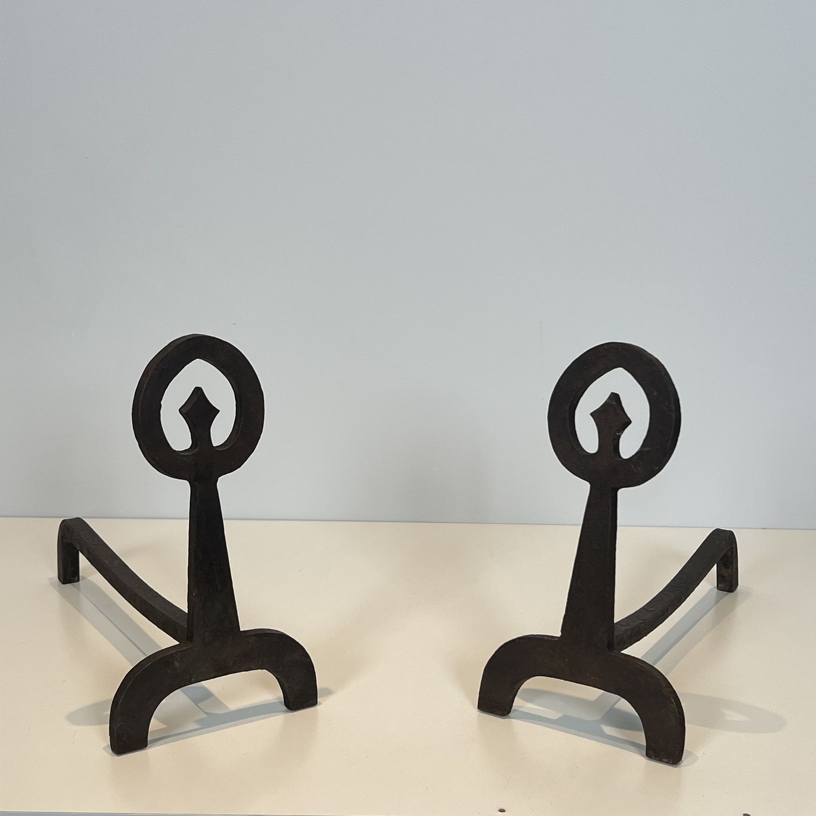 Pair Of Modernist Wrought Iron Andirons