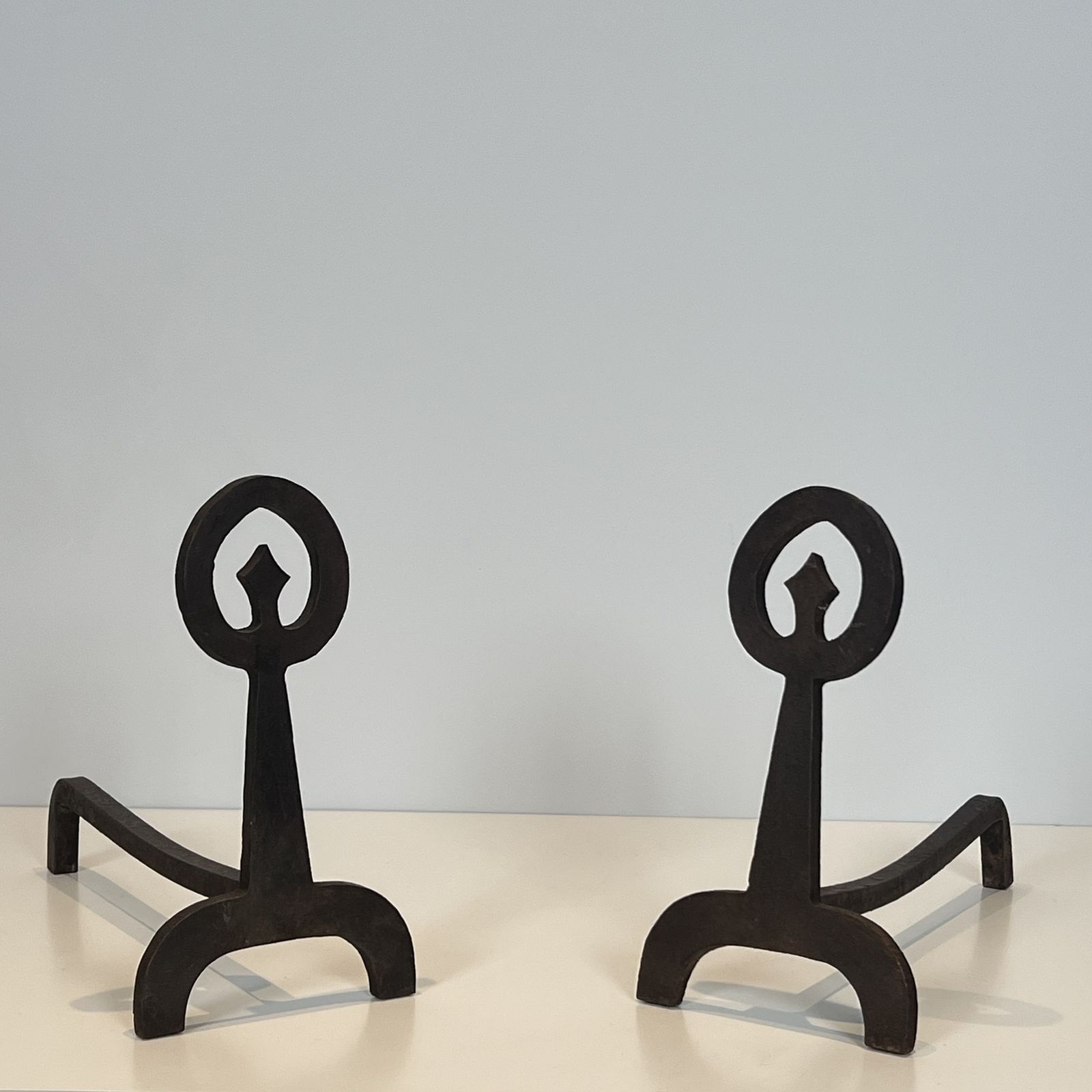 1450.0 Pair Of Modernist Wrought Iron Andirons photo