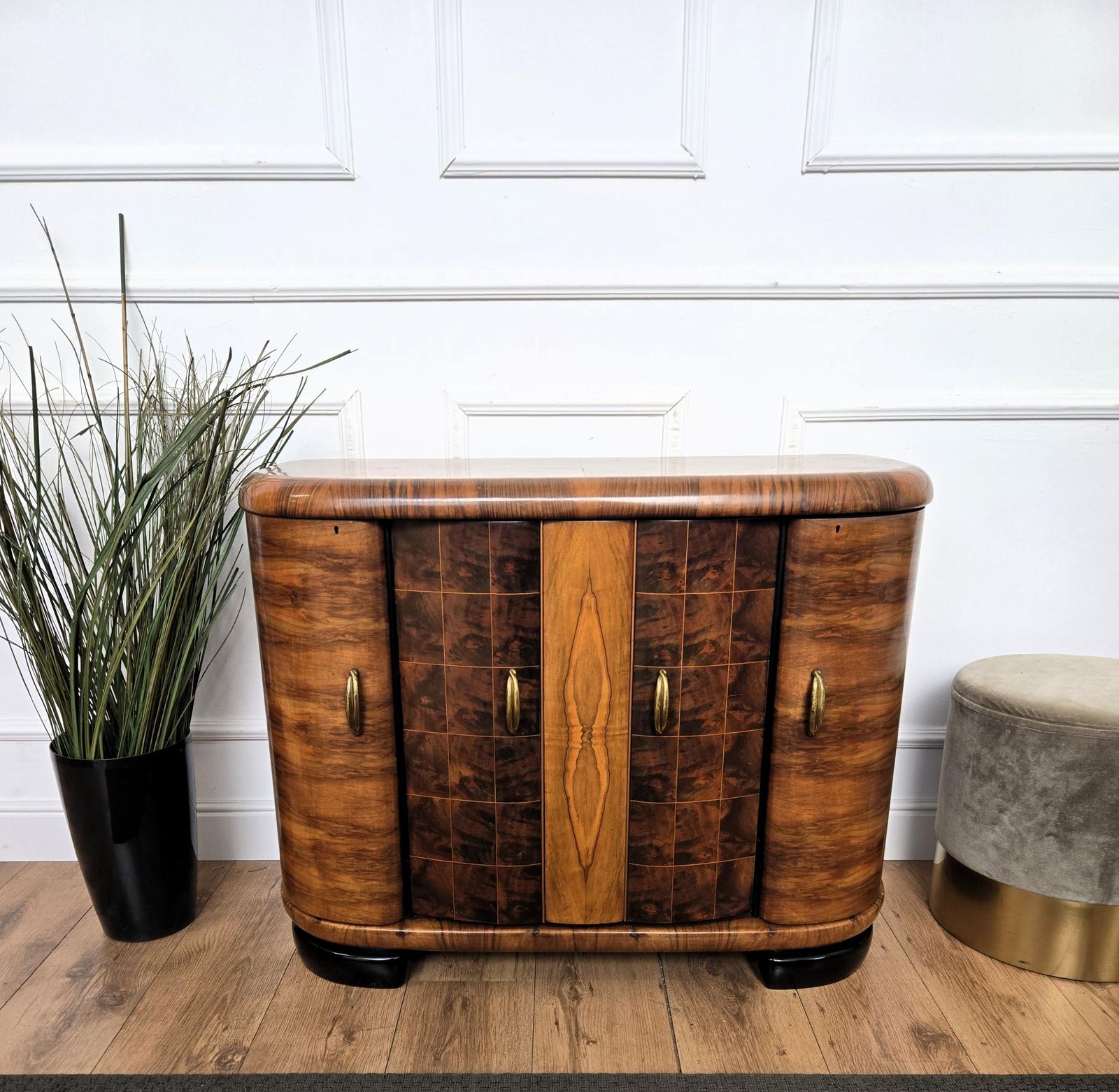 Italian 1940s Art Deco Mid Century Walnut Burl And Mirror Mosaic Dry Bar Cabinet photo vintage
