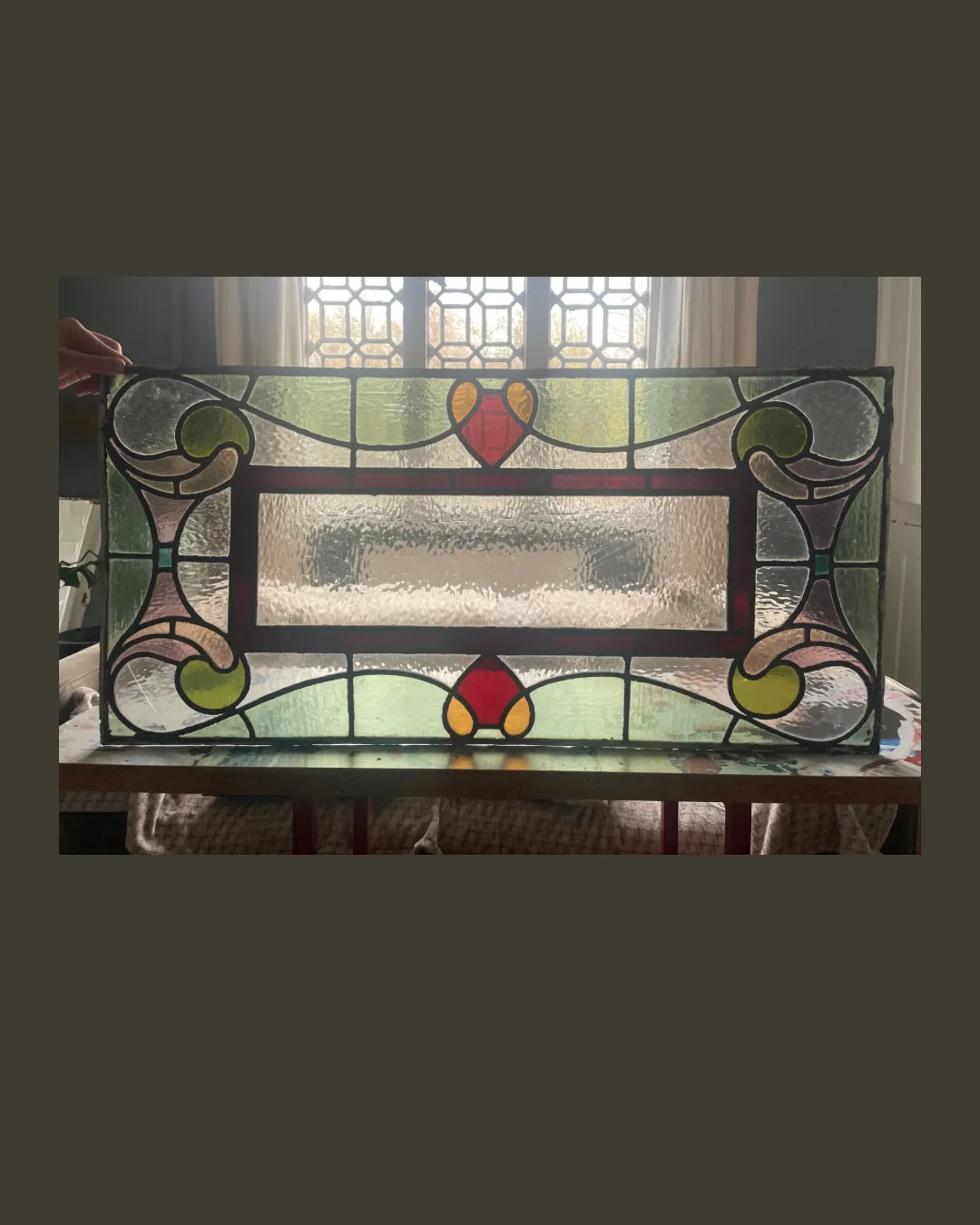 Large Architectural Antique Stained Glass Window Panel   Ruby Red Border And Stylised Heart Motif Pattern