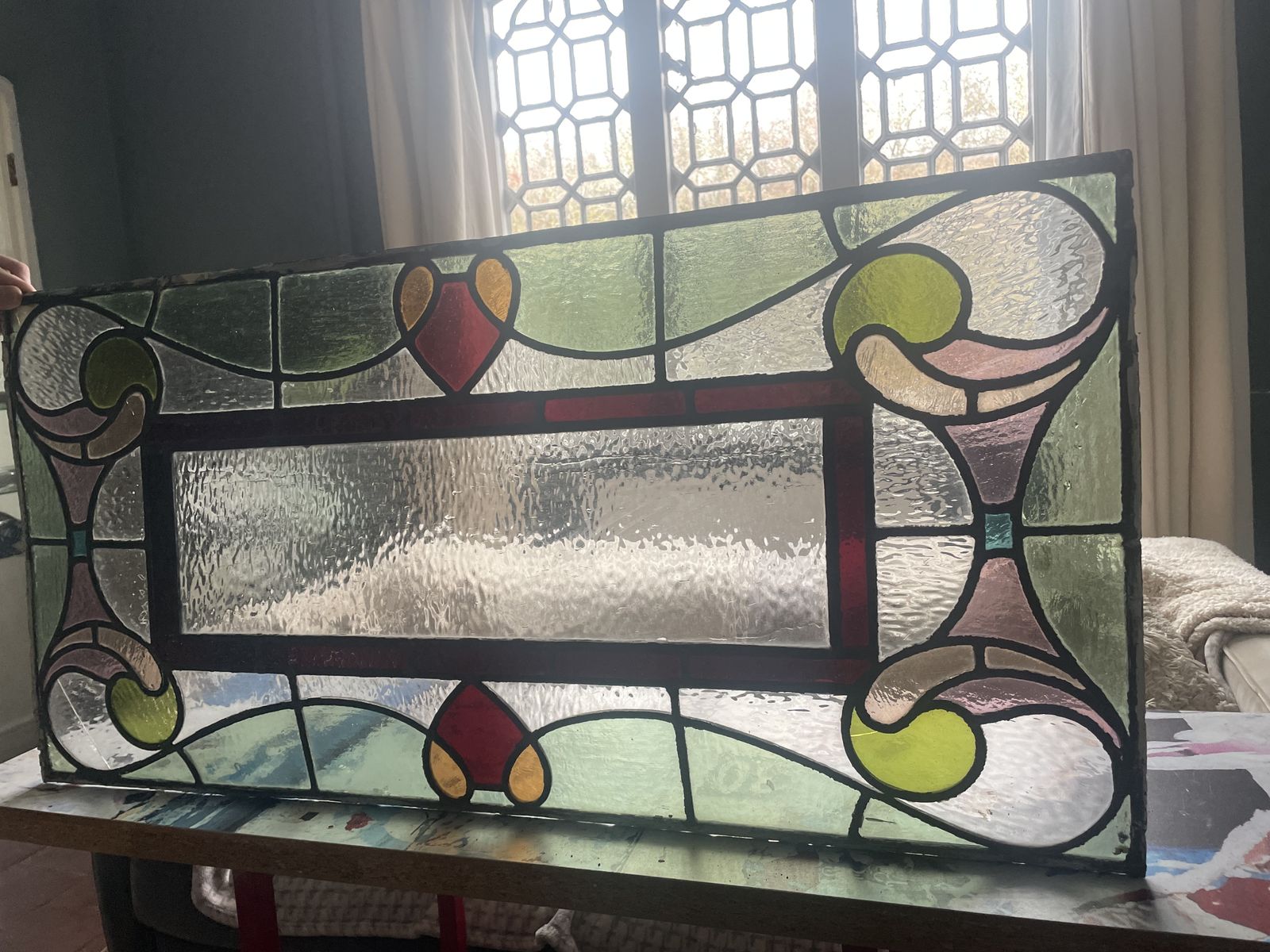 Large Architectural Antique Stained Glass Window Panel   Ruby Red Border And Stylised Heart Motif Pattern photo vinterior