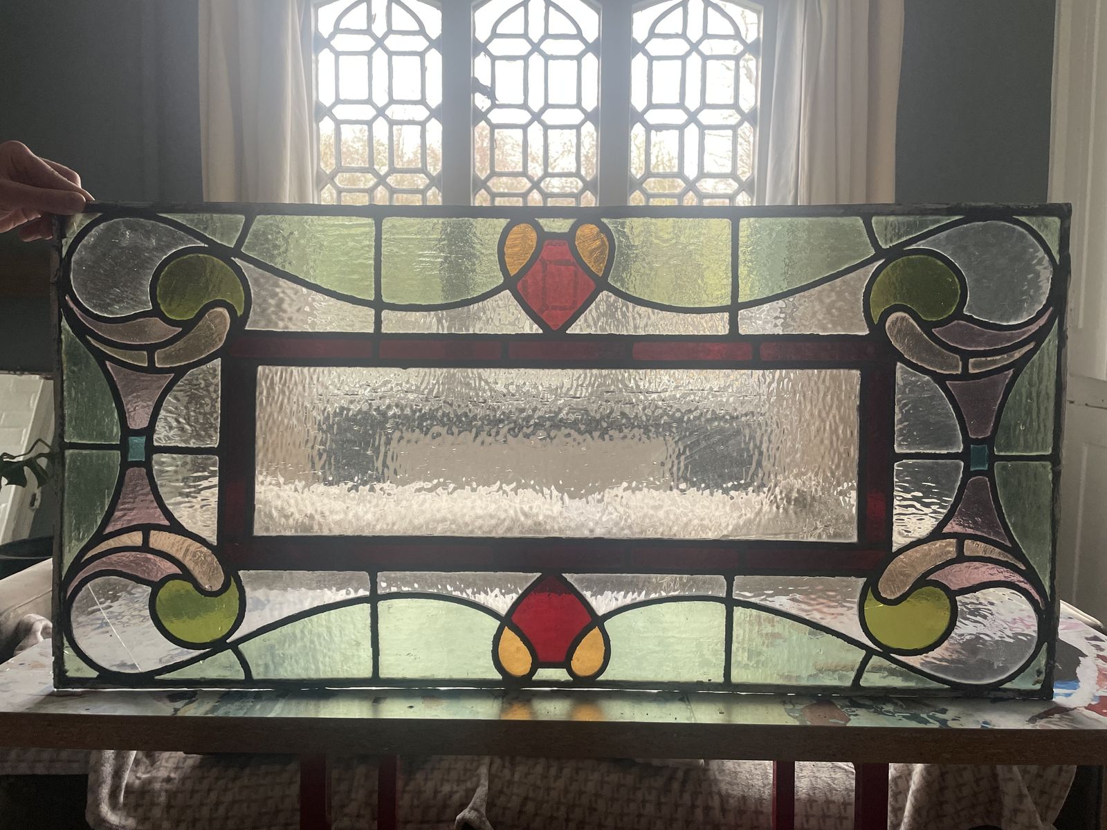 Large Architectural Antique Stained Glass Window Panel   Ruby Red Border And Stylised Heart Motif Pattern photo buy
