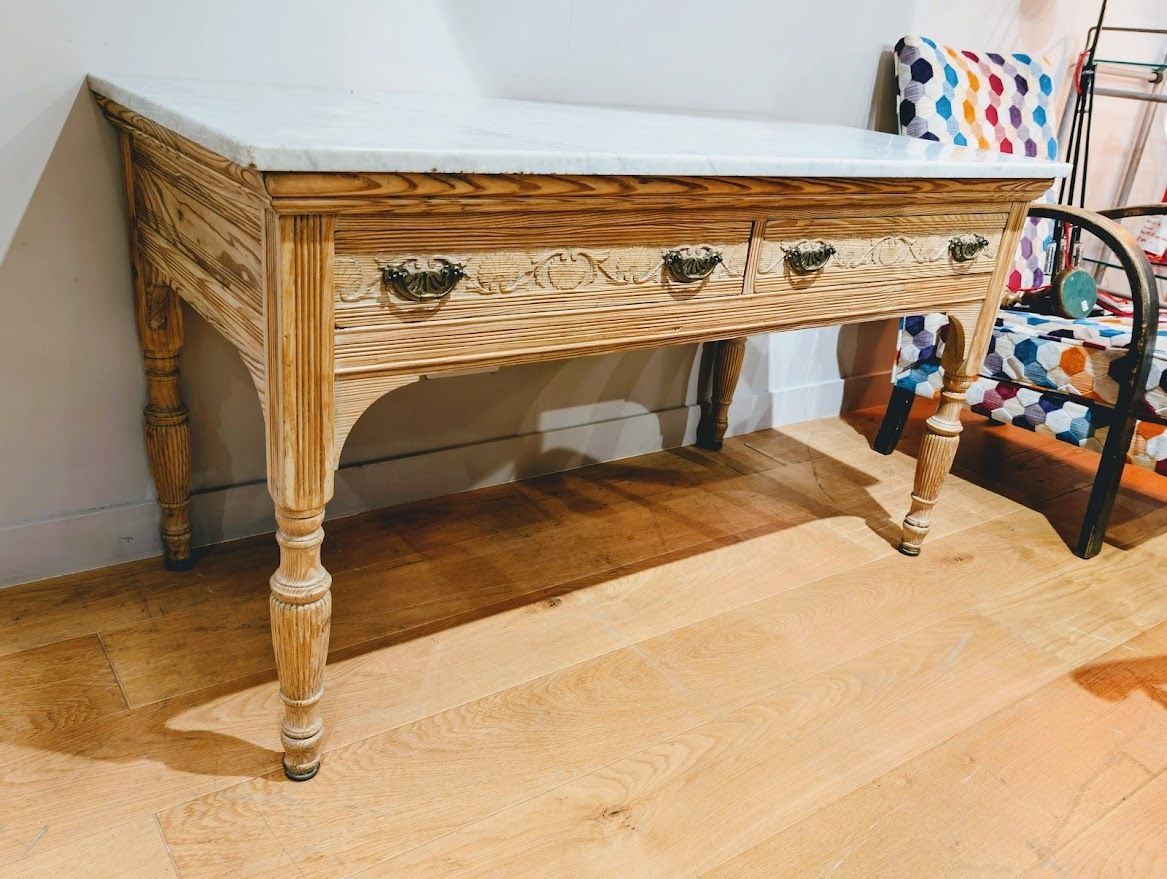 19th Century Marble Top, Hand Carved Pitch Pine Table By John Reid & Sons photo furniture