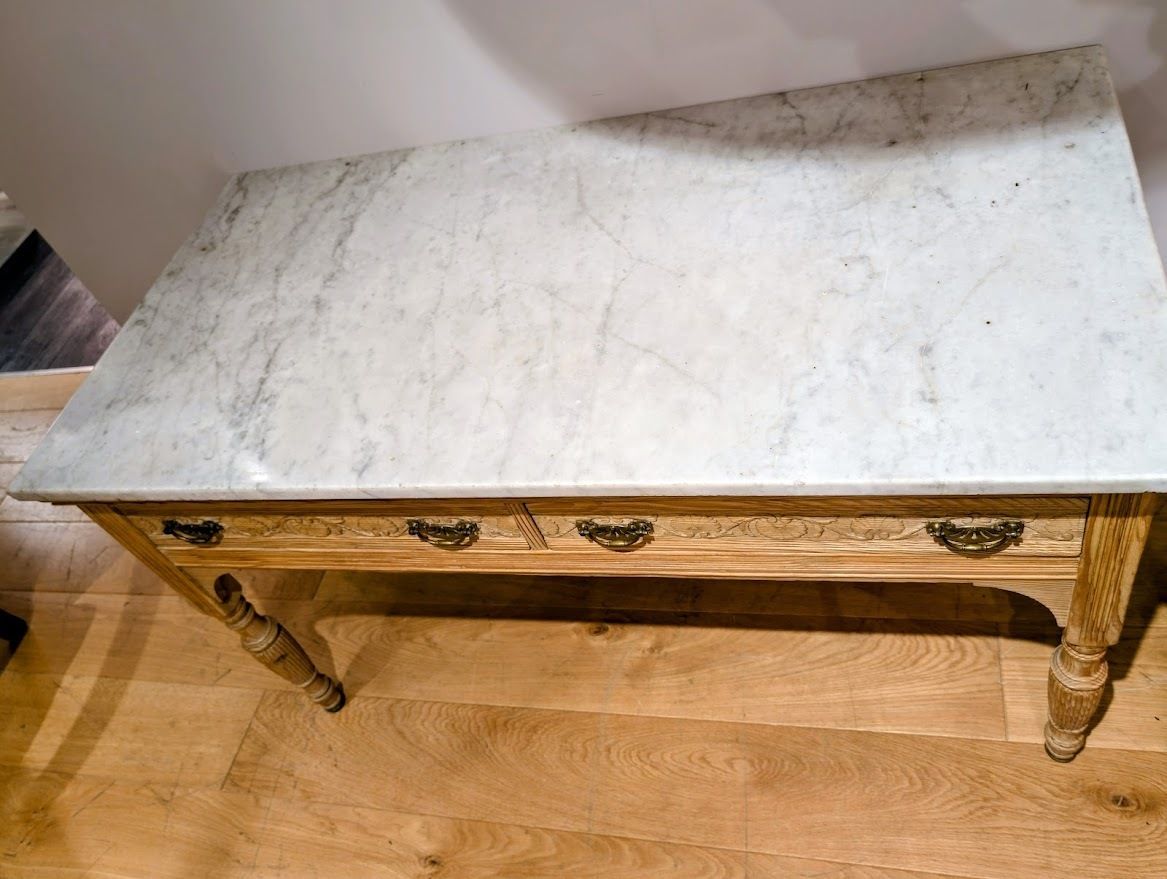 19th Century Marble Top, Hand Carved Pitch Pine Table By John Reid & Sons photo vintage