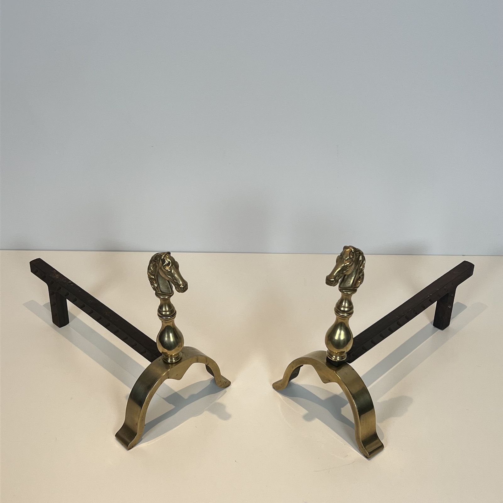 Pair Of Brass Horse Shaped Andirons photo for sale