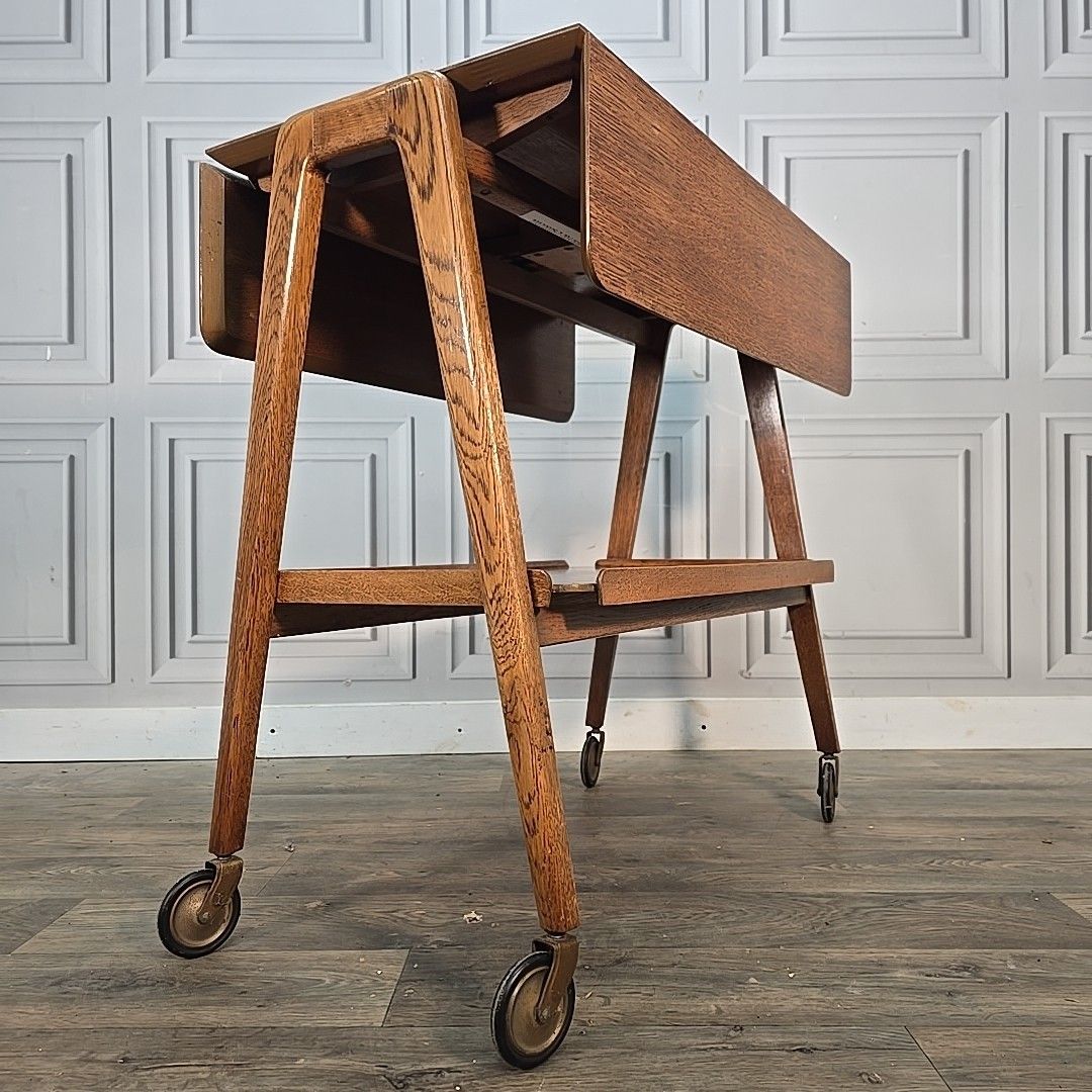 Vintage Oak Trolley Table Drop Leaf On Castors Mid Century Modern Wooden Retro