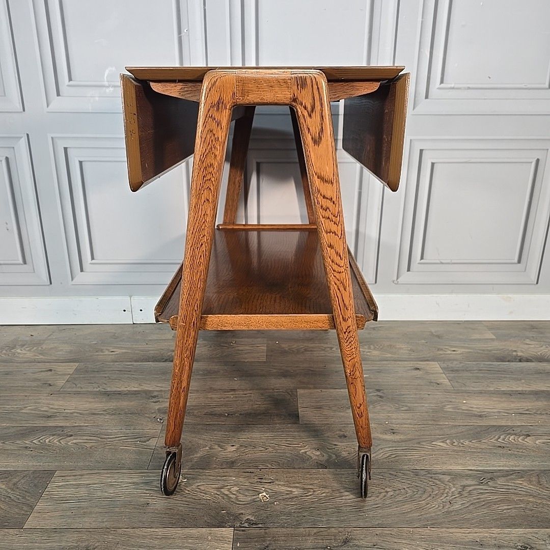 Vintage Oak Trolley Table Drop Leaf On Castors Mid Century Modern Wooden Retro photo 190.0