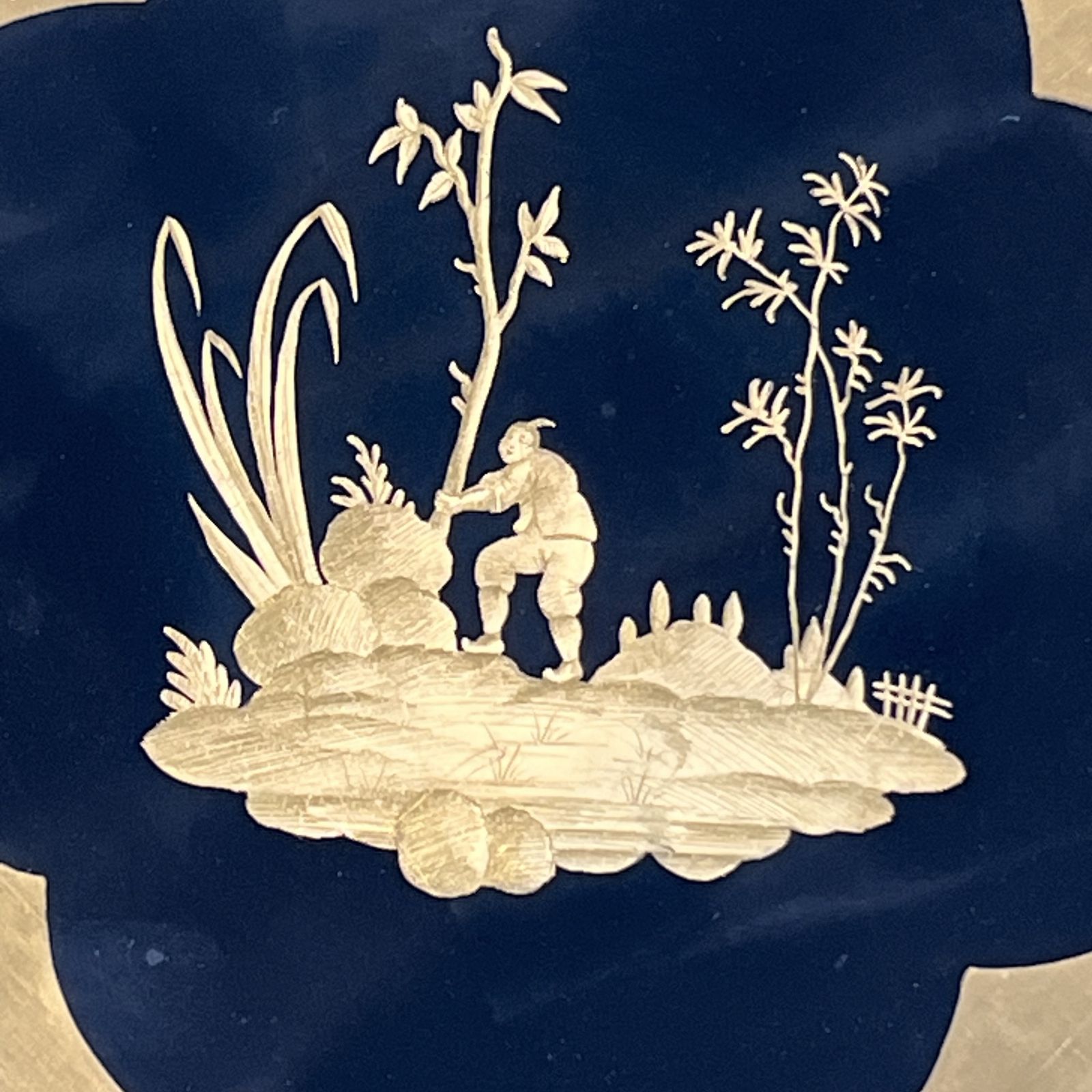 1650.0 Set Of 8 Gilt Porcelain Plates With Gilt Chinoiserie Decoration On A Black Ground, Signed Delvaux Paris photo