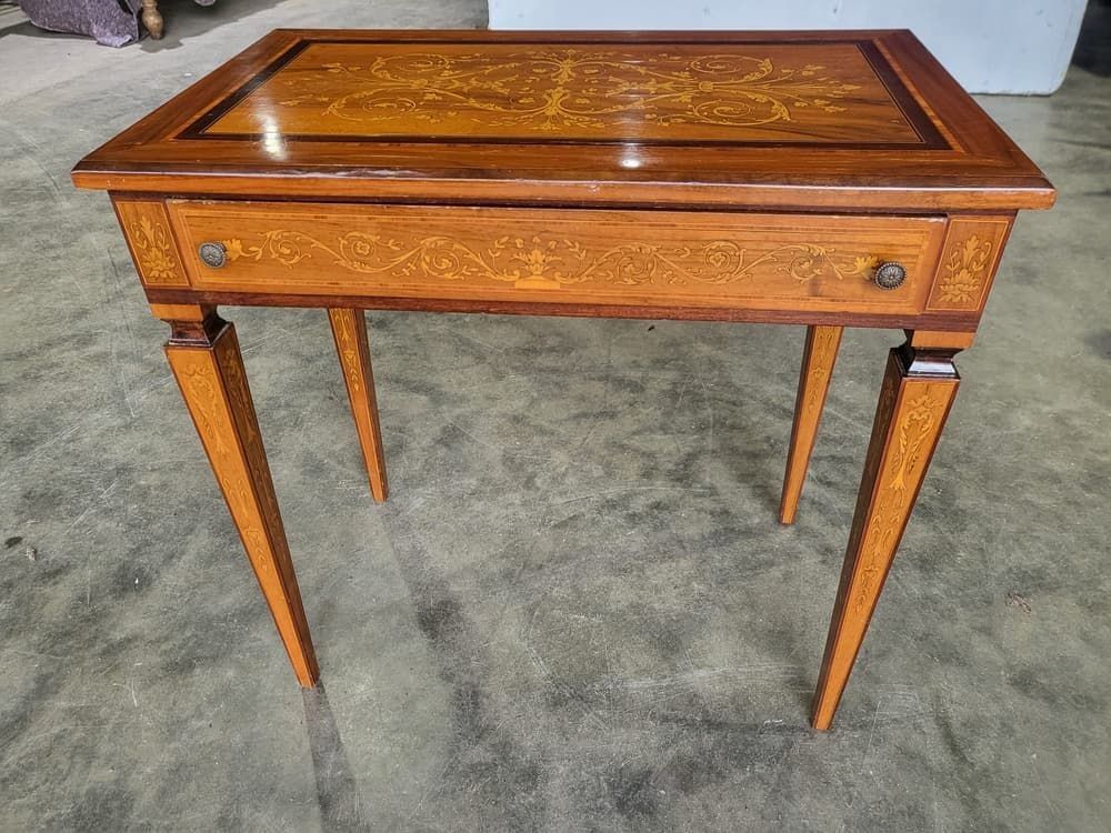 Sheraton Revival Antique Inlaid Writing Desk Drawer Table