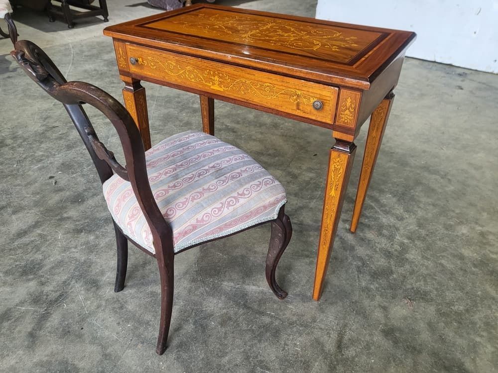 395.0 Sheraton Revival Antique Inlaid Writing Desk Drawer Table photo