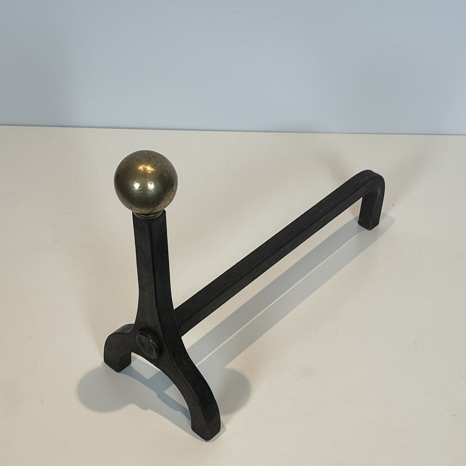 Pair Of Modernist Andirons In Steel, Wrought Iron And Brass By Jacques Adnet photo buy