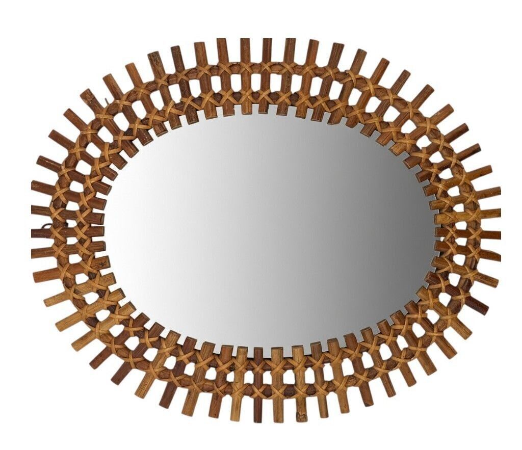 An Italian Oval 1970s Split Cane Bamboo Mirror By Franco Albini For Bonacina photo vintage
