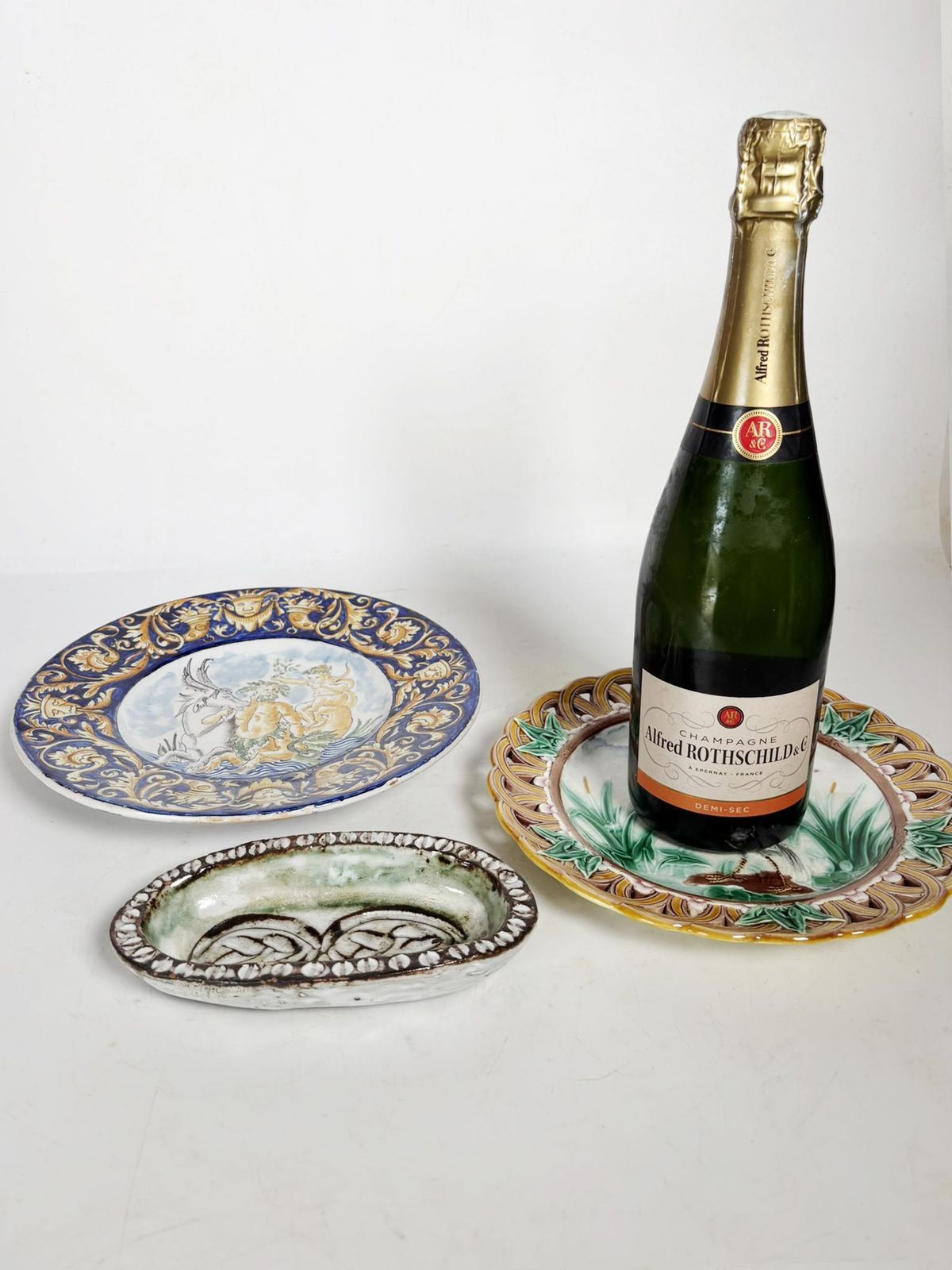 Set Of 2 Majolica Plates, Early 20th Century And An Earthenware Dish, France photo for sale