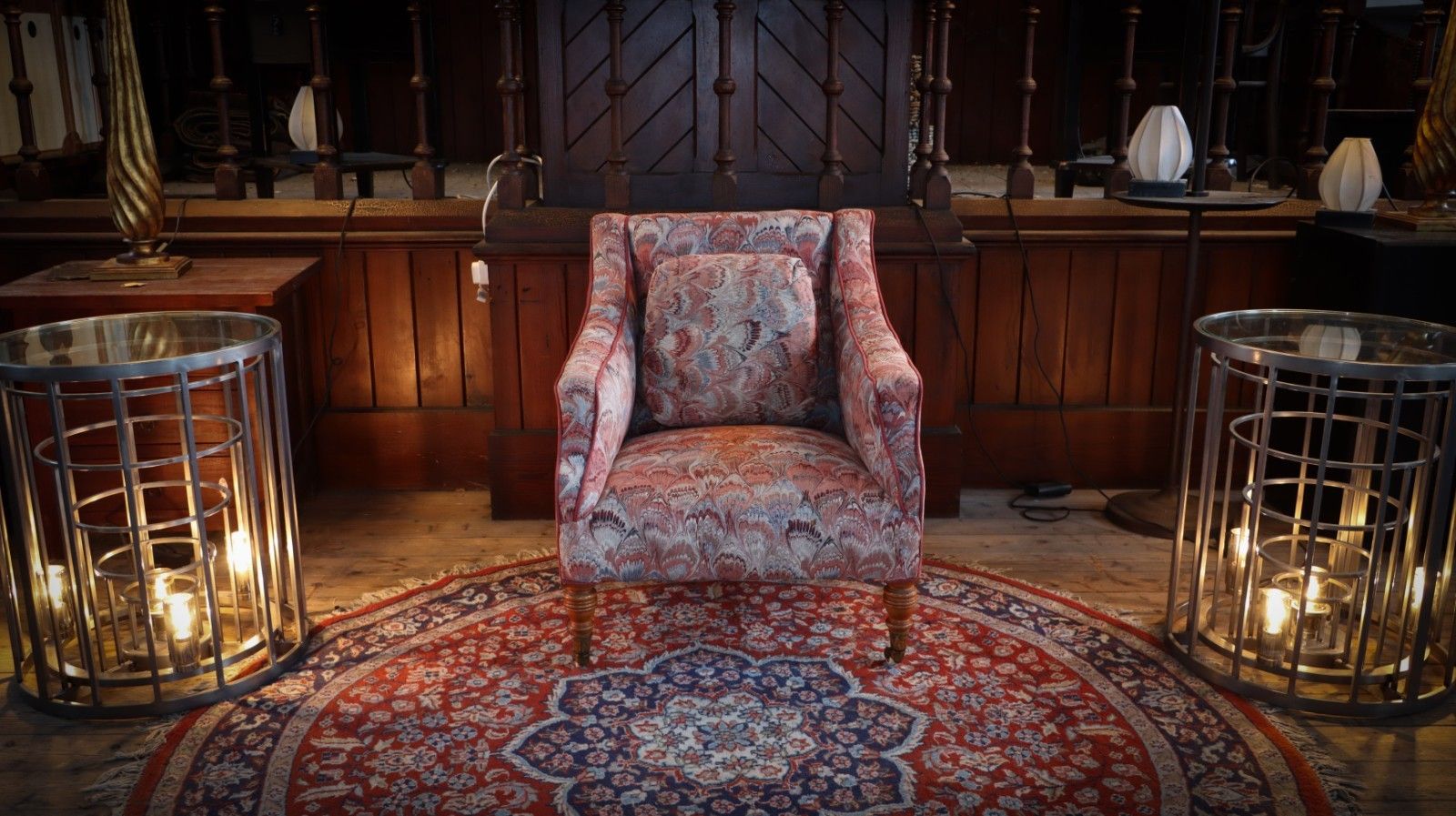 Howard & Sons Buttoned Georgian Open Armchair In Pecock Tail Abstract Fabric photo buy