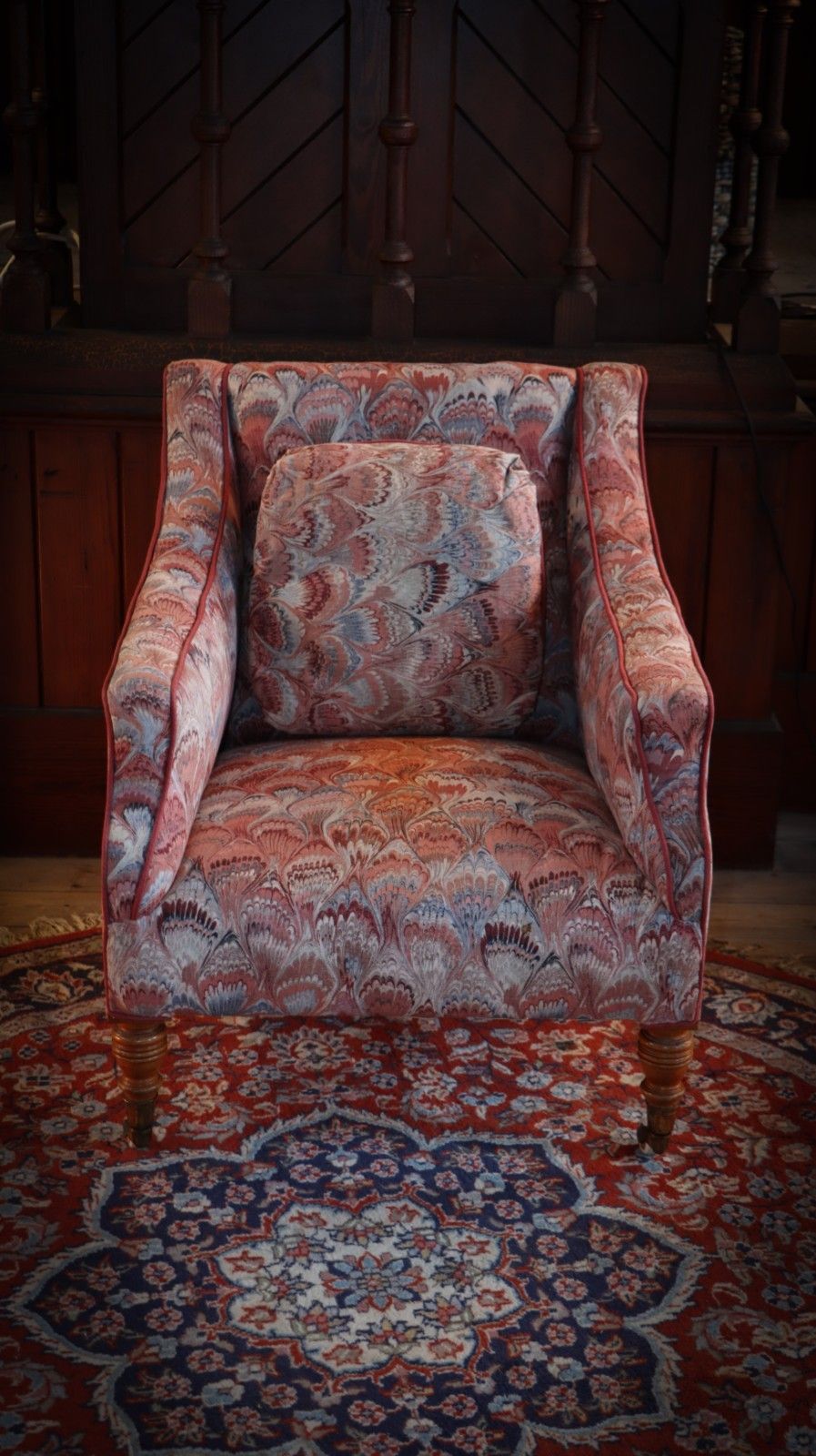 Howard & Sons Buttoned Georgian Open Armchair In Pecock Tail Abstract Fabric photo vintage