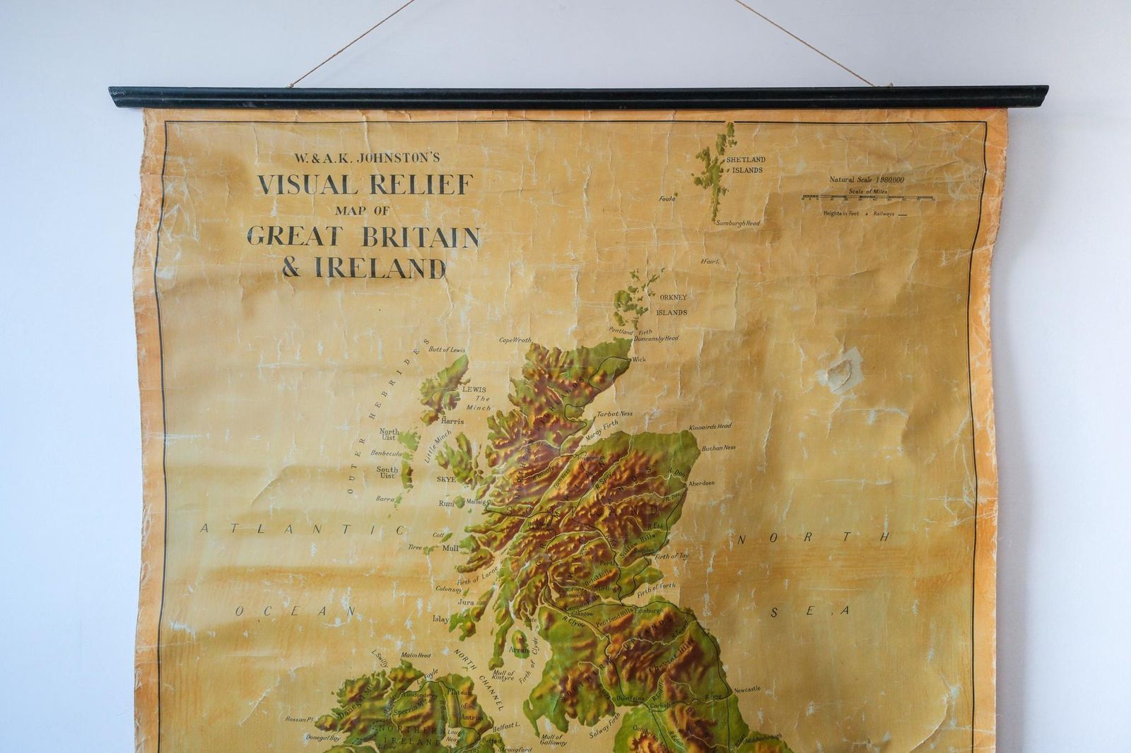 Original 1950s Vintage Mid Century British Educational School Wall Chart Great Britain Ireland Map Beautiful W Ak Johnston Scotland Wales photo for sale