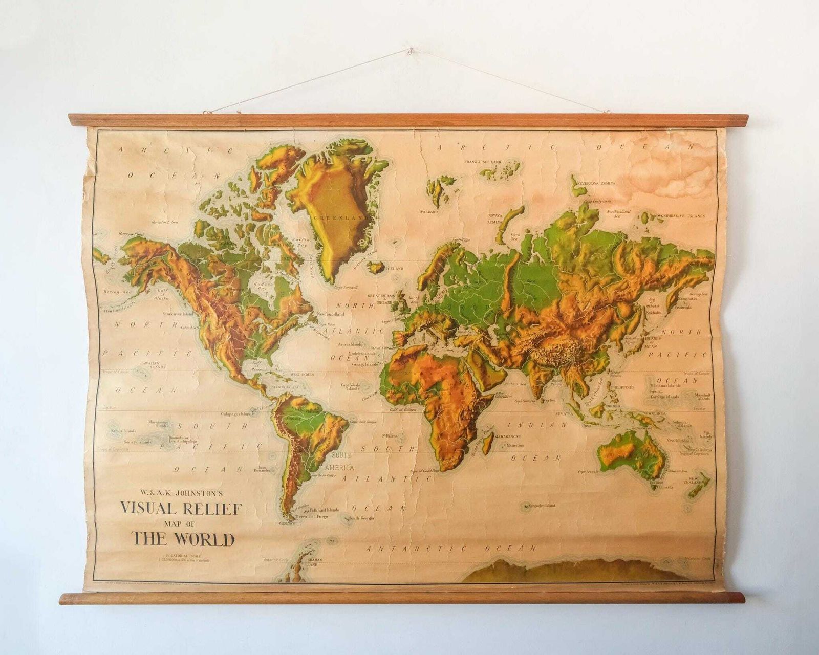 Original British Educational School Wall Chart Relief World Continents Map W & A.K. Johnston Beautiful Rare