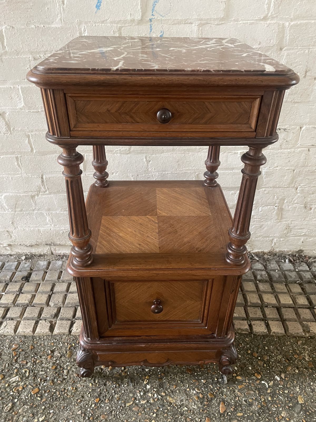 Antique French Walnut And Rouge Marble  Bedside Cabinet