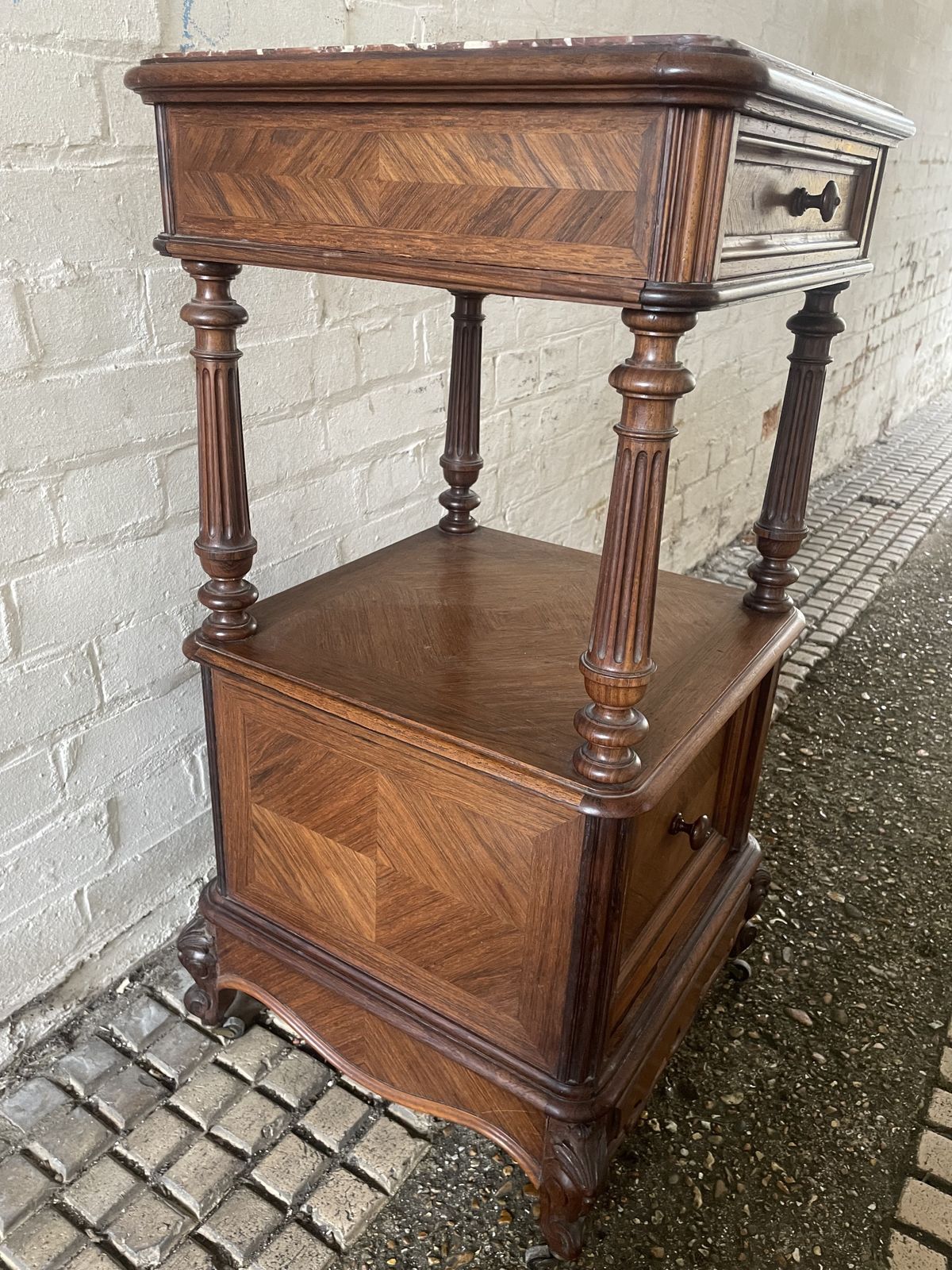 495.0 Antique French Walnut And Rouge Marble  Bedside Cabinet photo