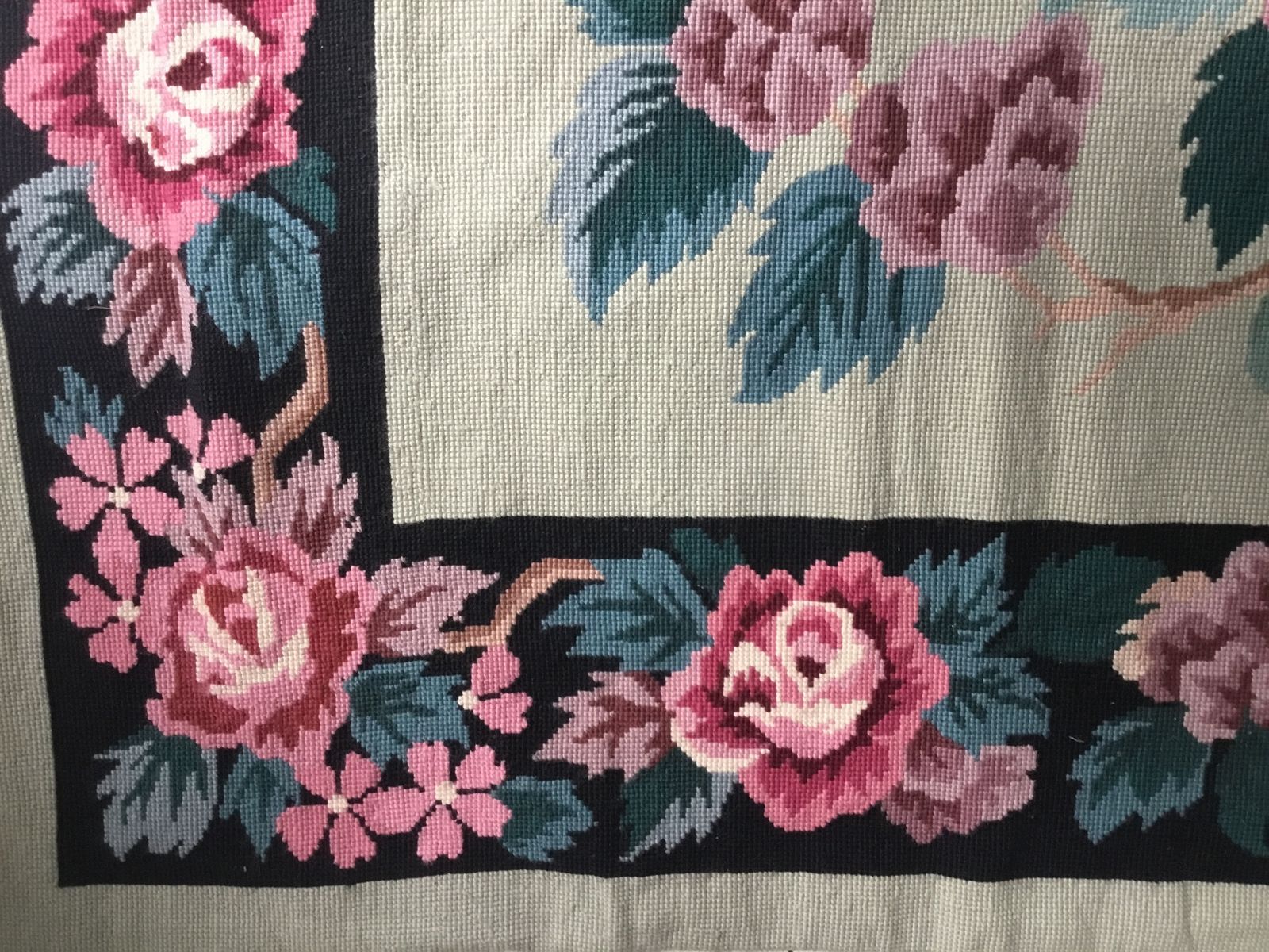 Aqua, Black  And Rose Floral Needlepoint Rug photo furniture