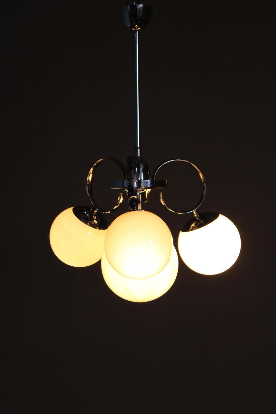 photo for sale Art Deco Chrome And Champagne Glass Chandelier, Czechoslovakia, 1930s