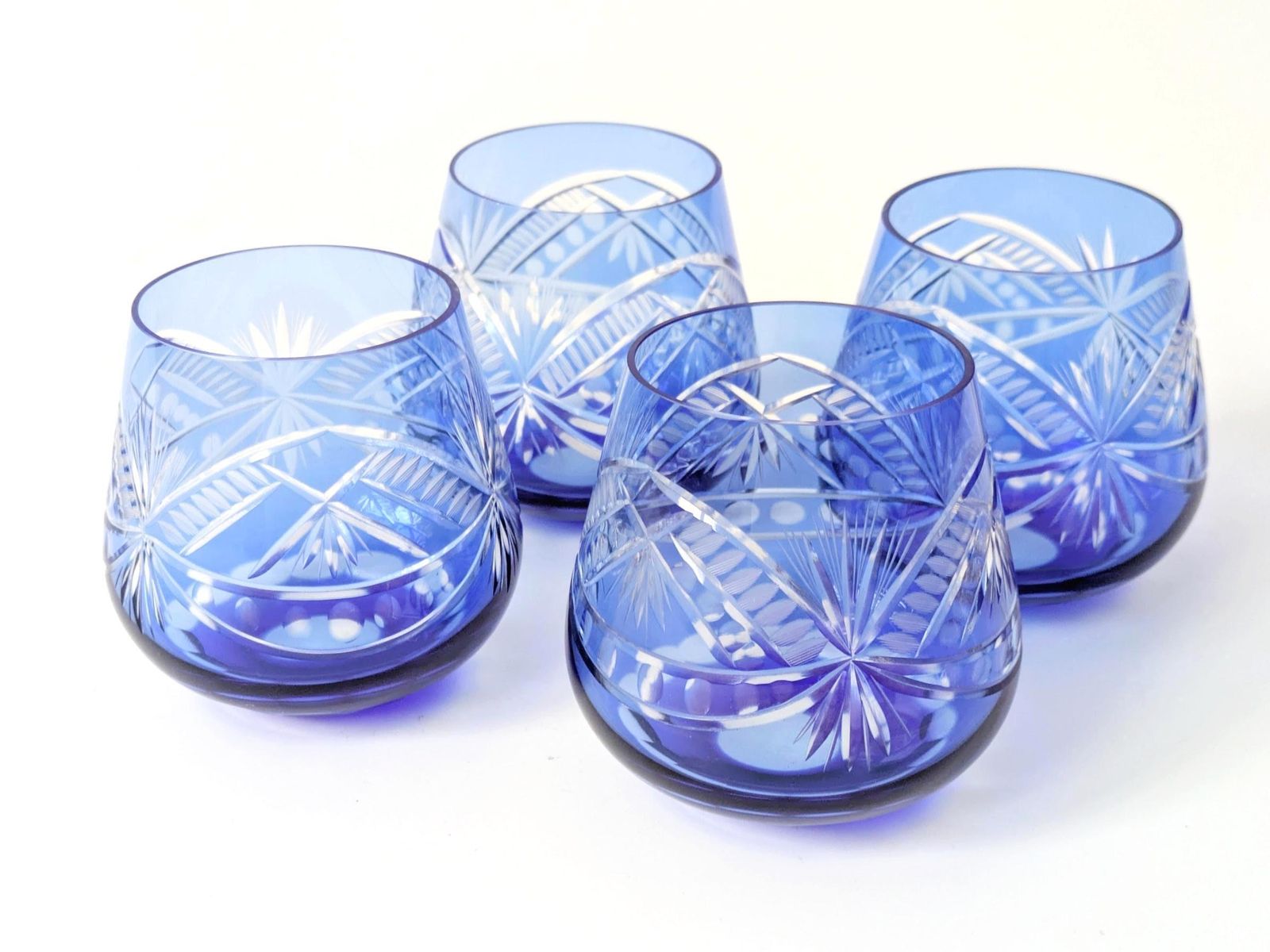 Vintage Cobalt Blue Cut Glass Goblets, Römer Style, Set Of 4