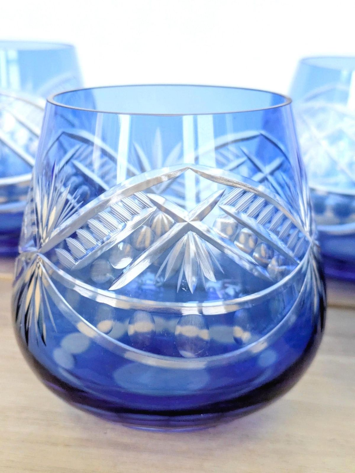 Home Decor Vintage Cobalt Blue Cut Glass Goblets, Römer Style, Set Of 4 photo