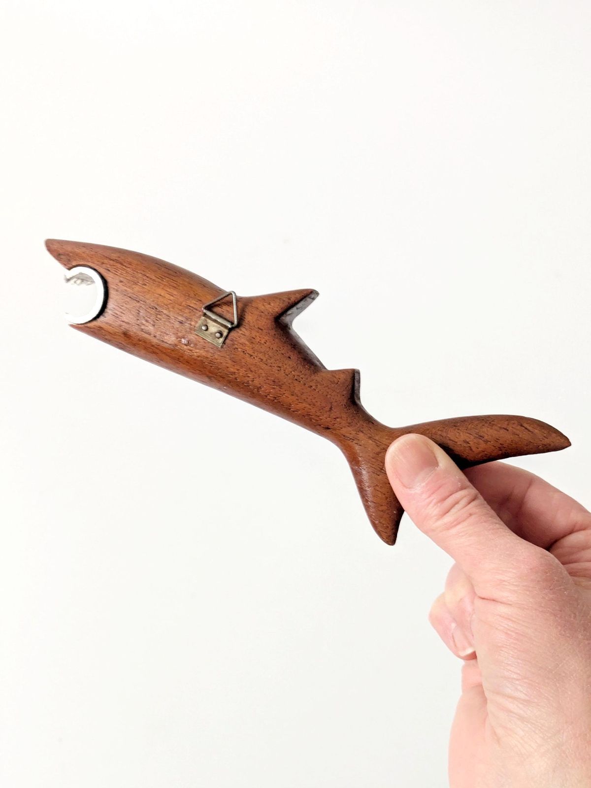 Midcentury Danish Teak Shark Bottle Opener, 1960s Sculptural Barware, Home Bar Gift photo vintage
