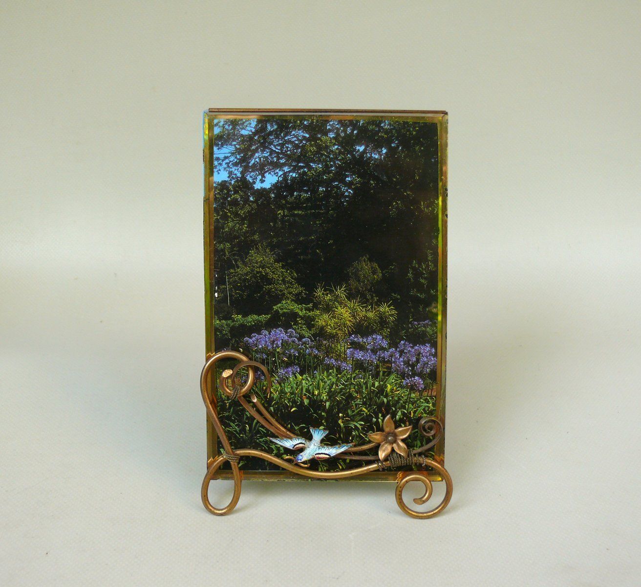 Art Nouveau Picture Frame With Seagull In Brass And Enamel, D.R.G.M, Germany