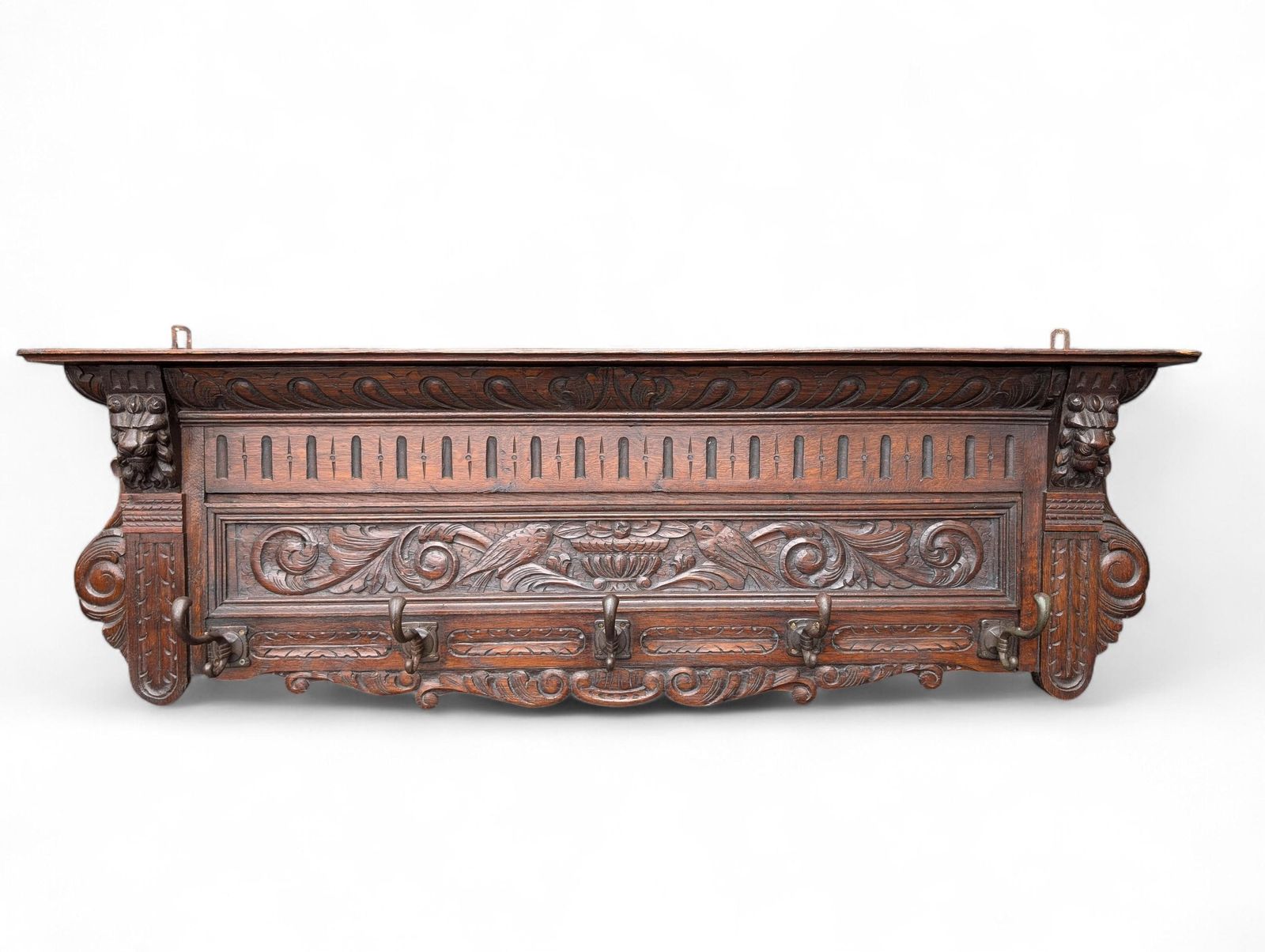 Antique 19th Century Renaissance Revival Carved Oak Wall Coat Rack photo furniture