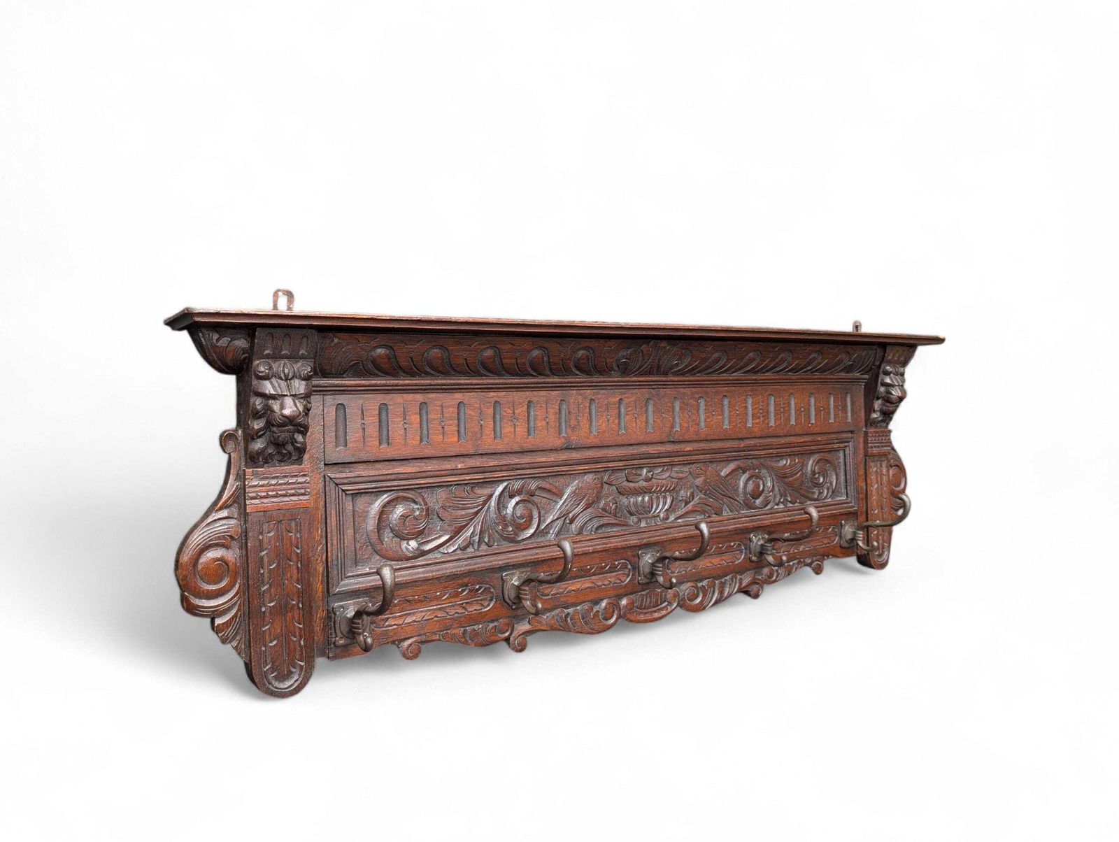 Antique 19th Century Renaissance Revival Carved Oak Wall Coat Rack photo for sale