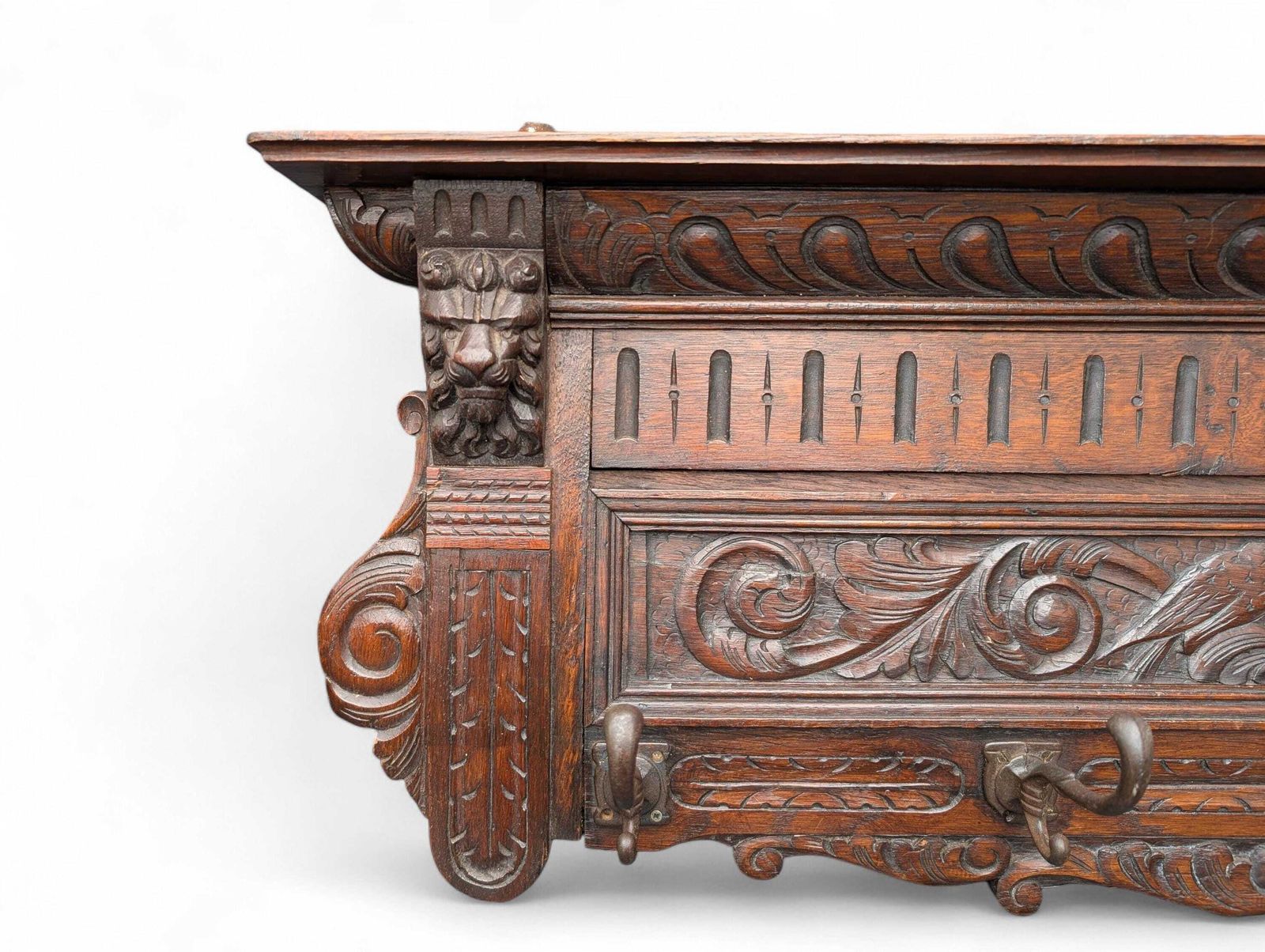 Antique 19th Century Renaissance Revival Carved Oak Wall Coat Rack photo Furniture
