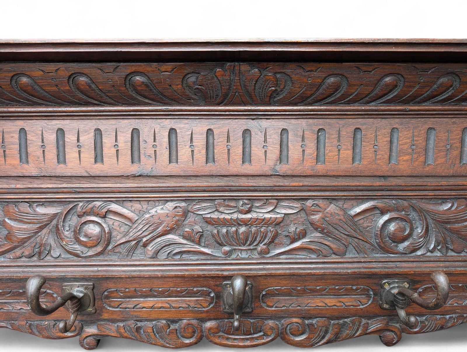 Antique 19th Century Renaissance Revival Carved Oak Wall Coat Rack photo 568.0