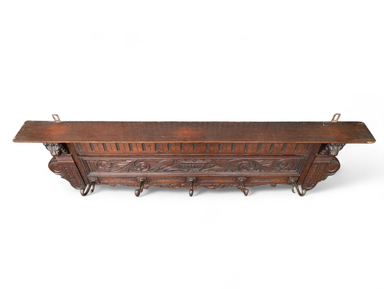 Furniture Antique 19th Century Renaissance Revival Carved Oak Wall Coat Rack photo