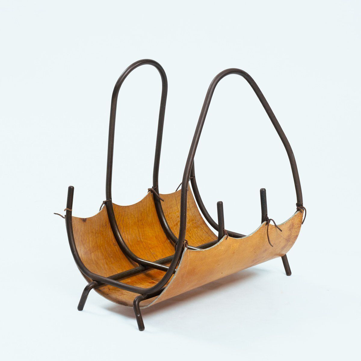 Leather And Steel Log Basket In Black Steel And Tan Leather With Asymmetric Handles, Spain, 1960s photo for sale