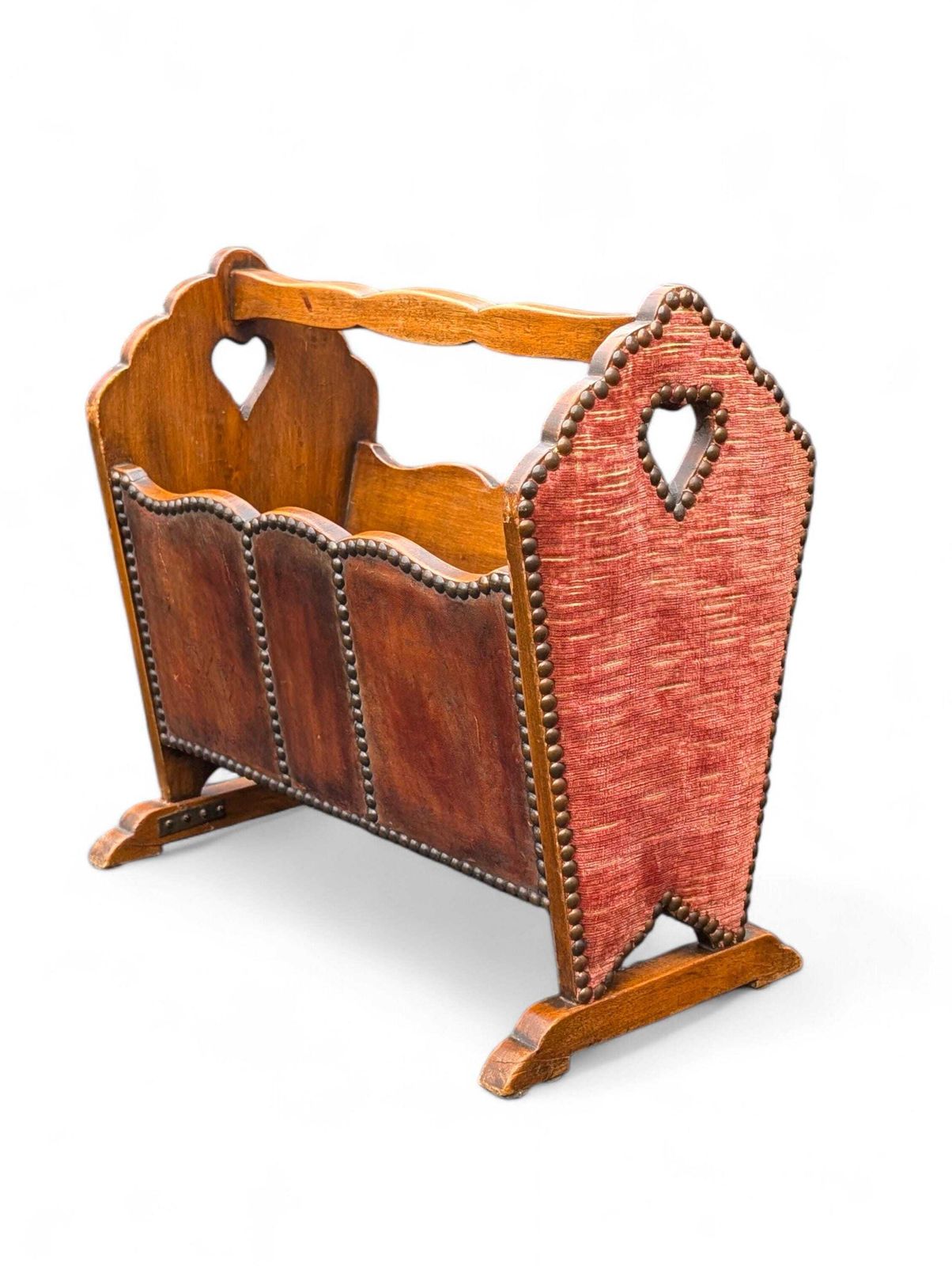 English Arts & Crafts Magazine Rack With Leather Panels And Heart Cutouts photo furniture